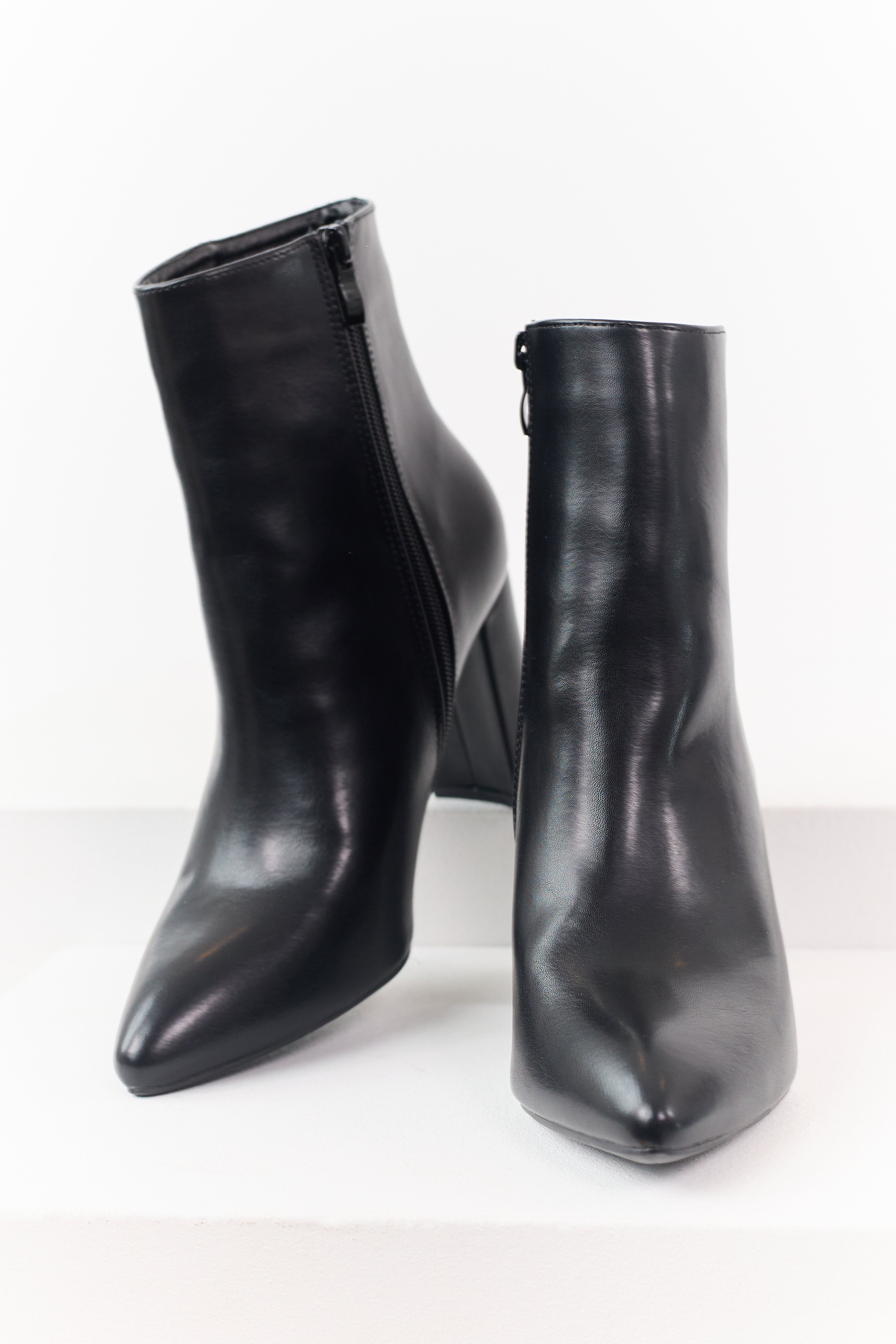 Black Faux Leather Pointed Toe Block Heel Booties