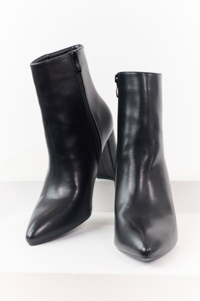 Black Faux Leather Pointed Toe Block Heel Booties