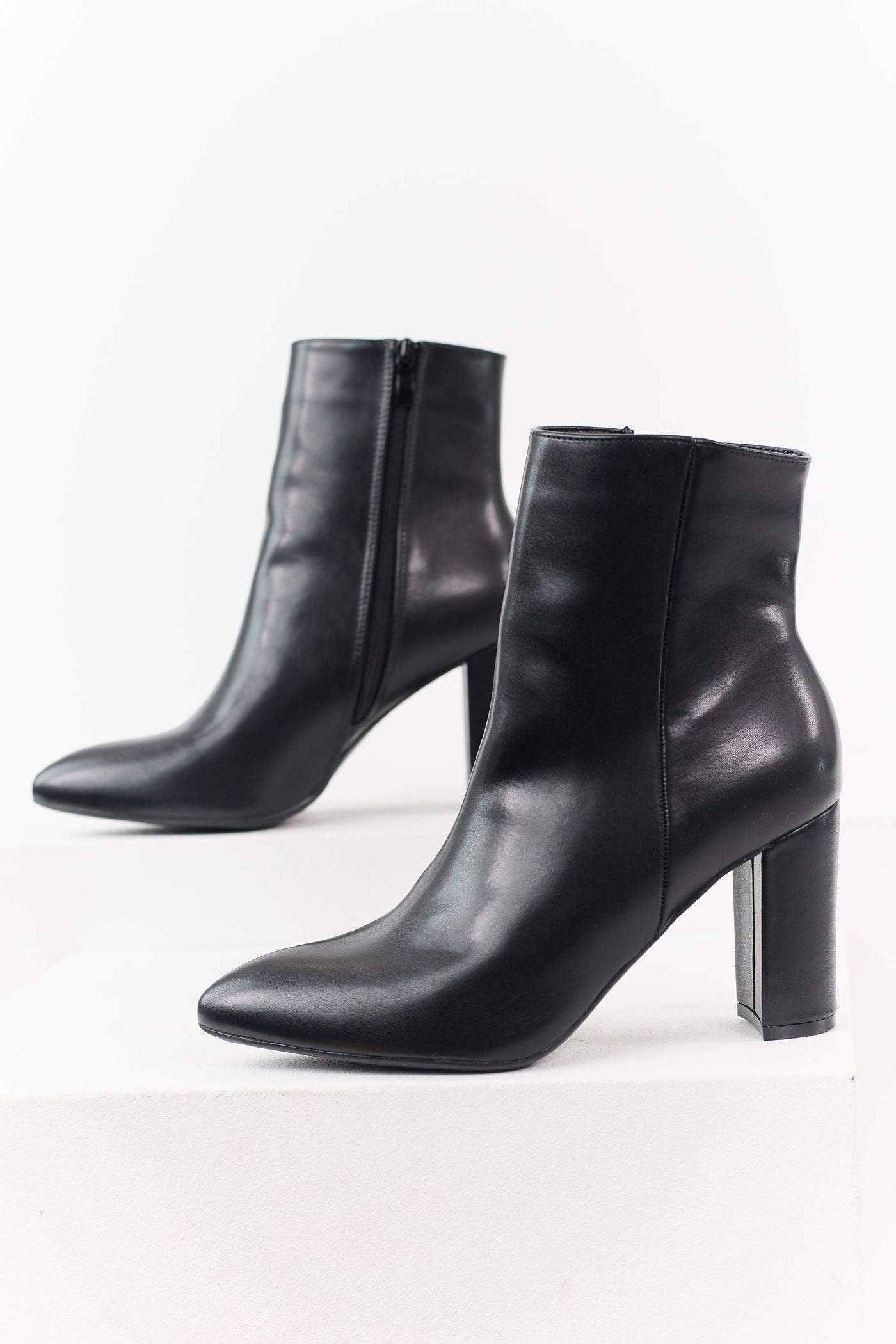 Black Faux Leather Pointed Toe Block Heel Booties