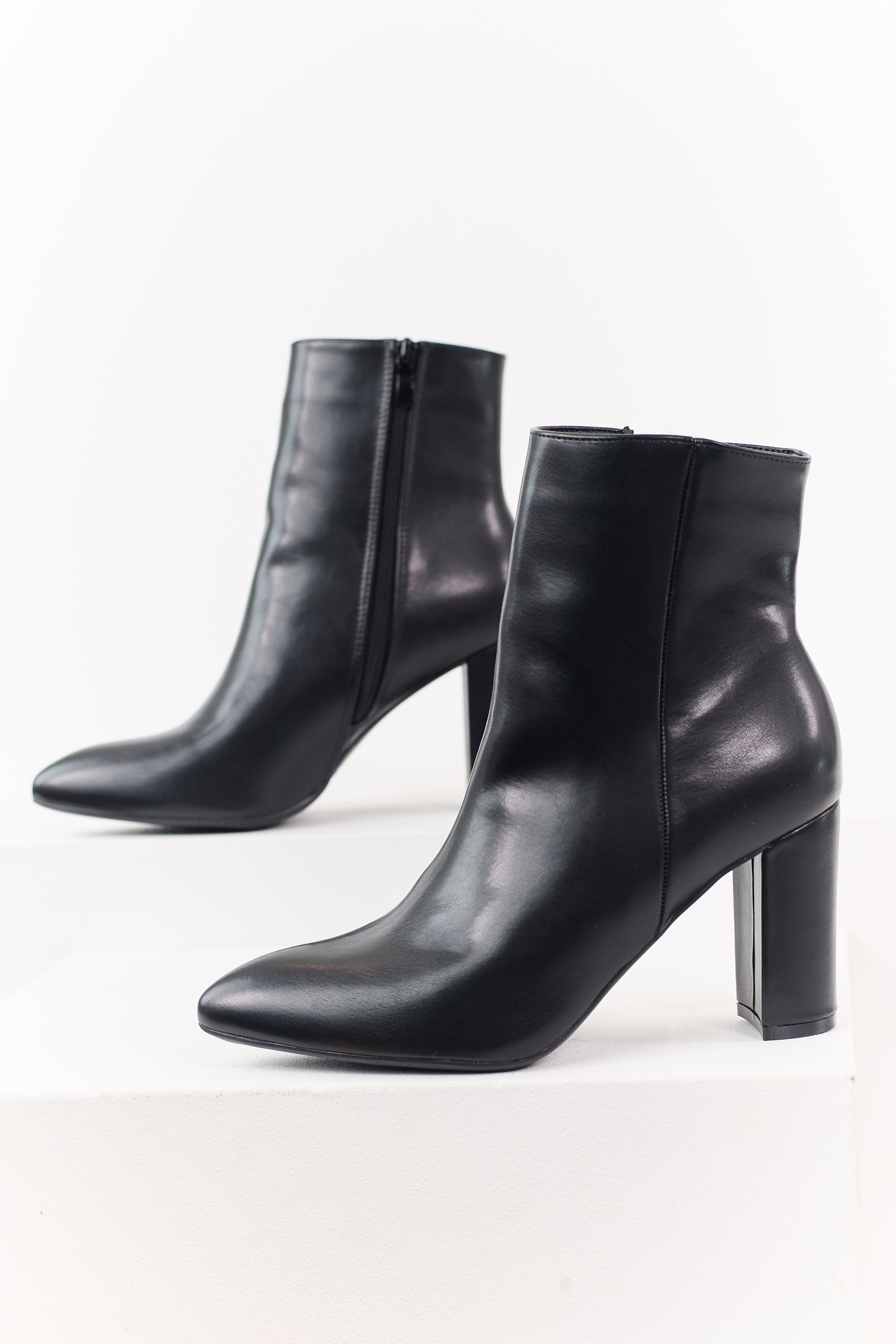 Black Faux Leather Pointed Toe Block Heel Booties