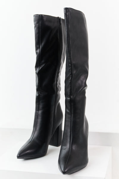 Black Faux Leather Pointed Toe Block Heel Tall Boots