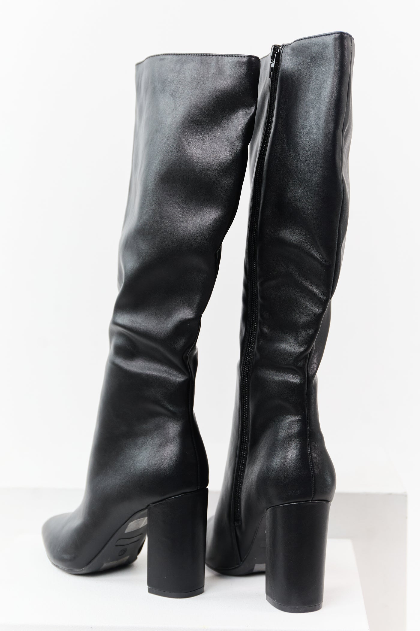 Black Faux Leather Pointed Toe Block Heel Tall Boots