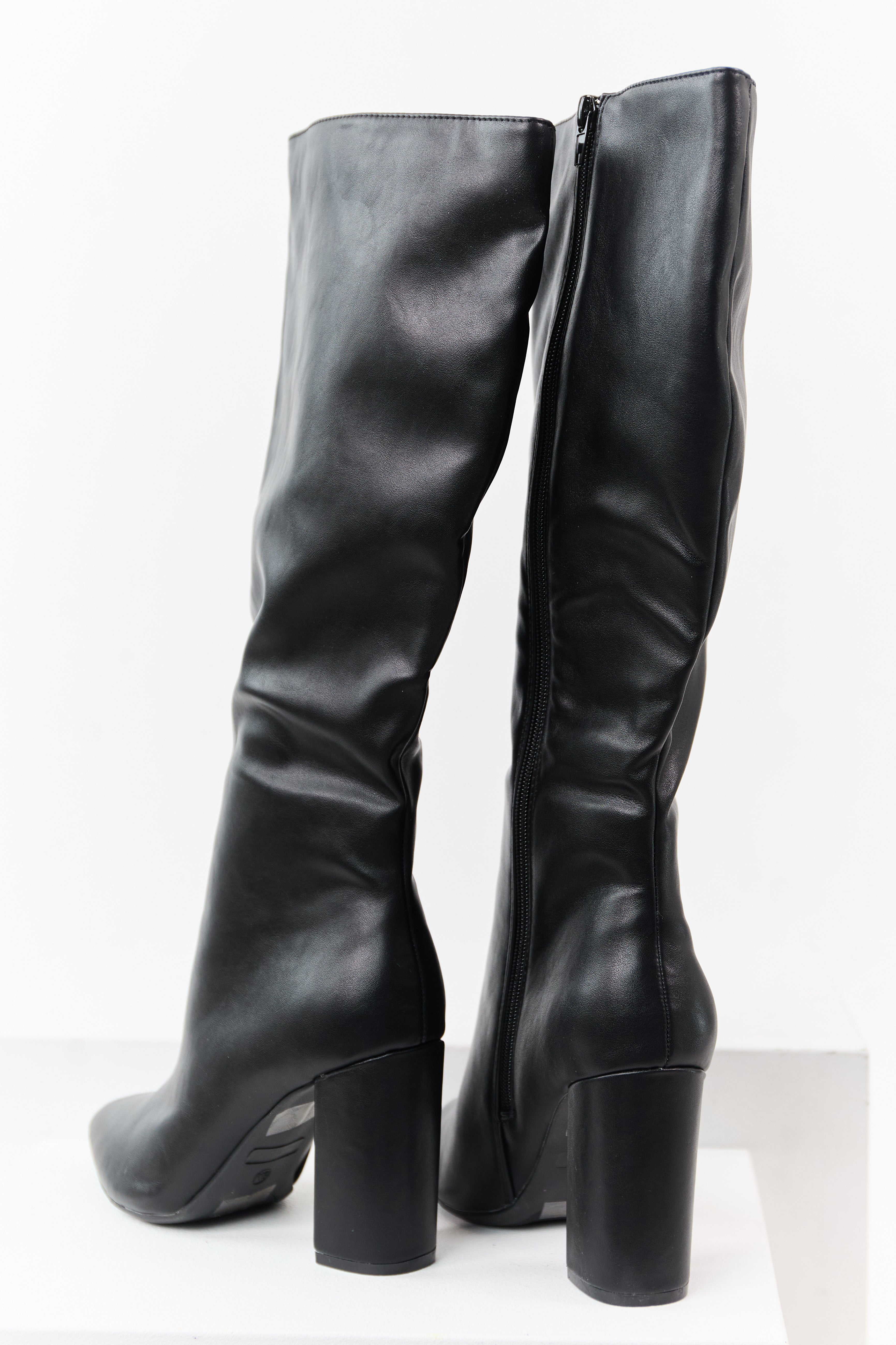 Black Faux Leather Pointed Toe Block Heel Tall Boots