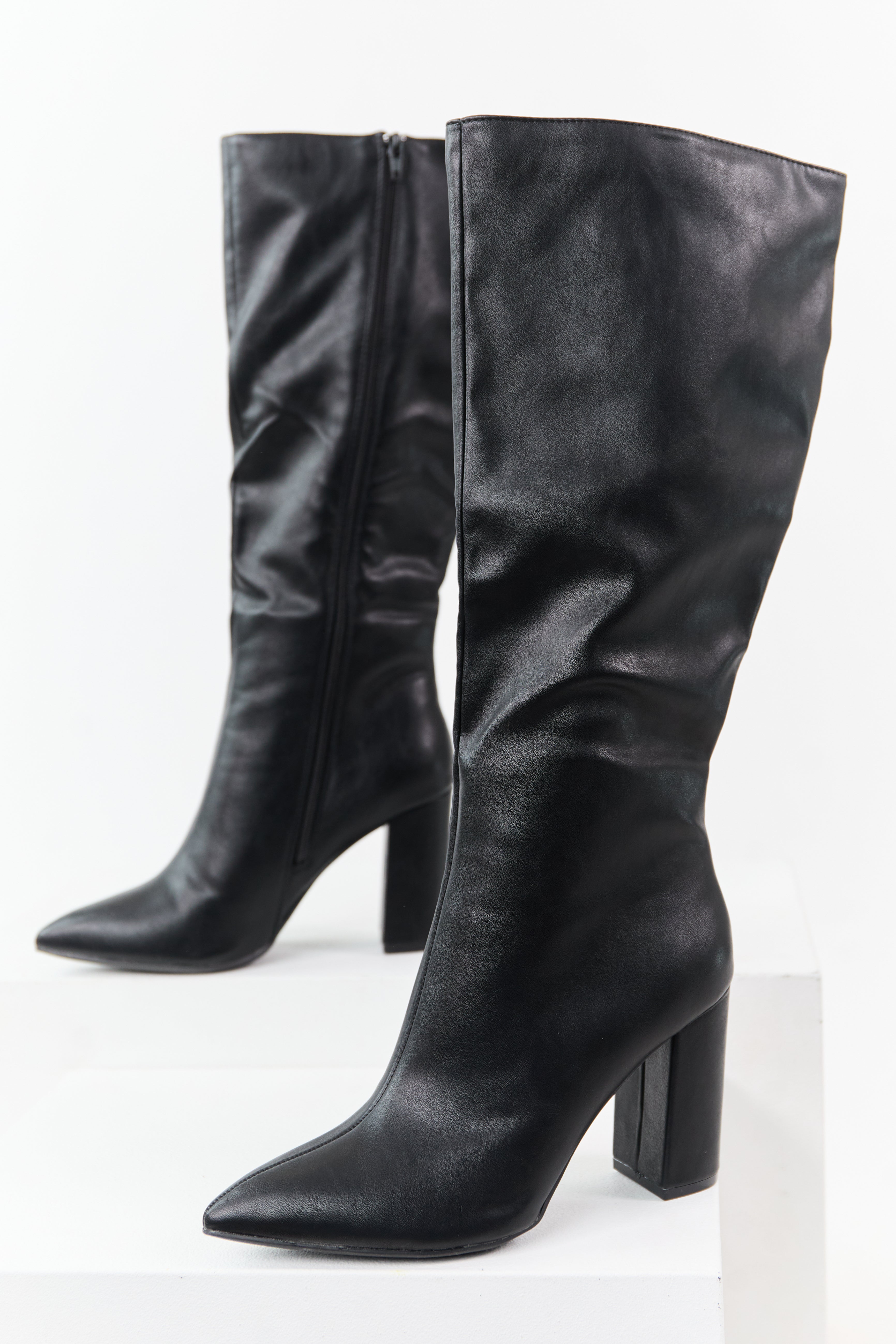 Black Faux Leather Pointed Toe Block Heel Tall Boots