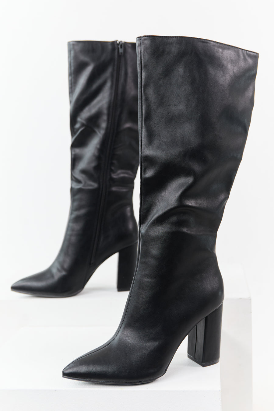 Black Faux Leather Pointed Toe Block Heel Tall Boots