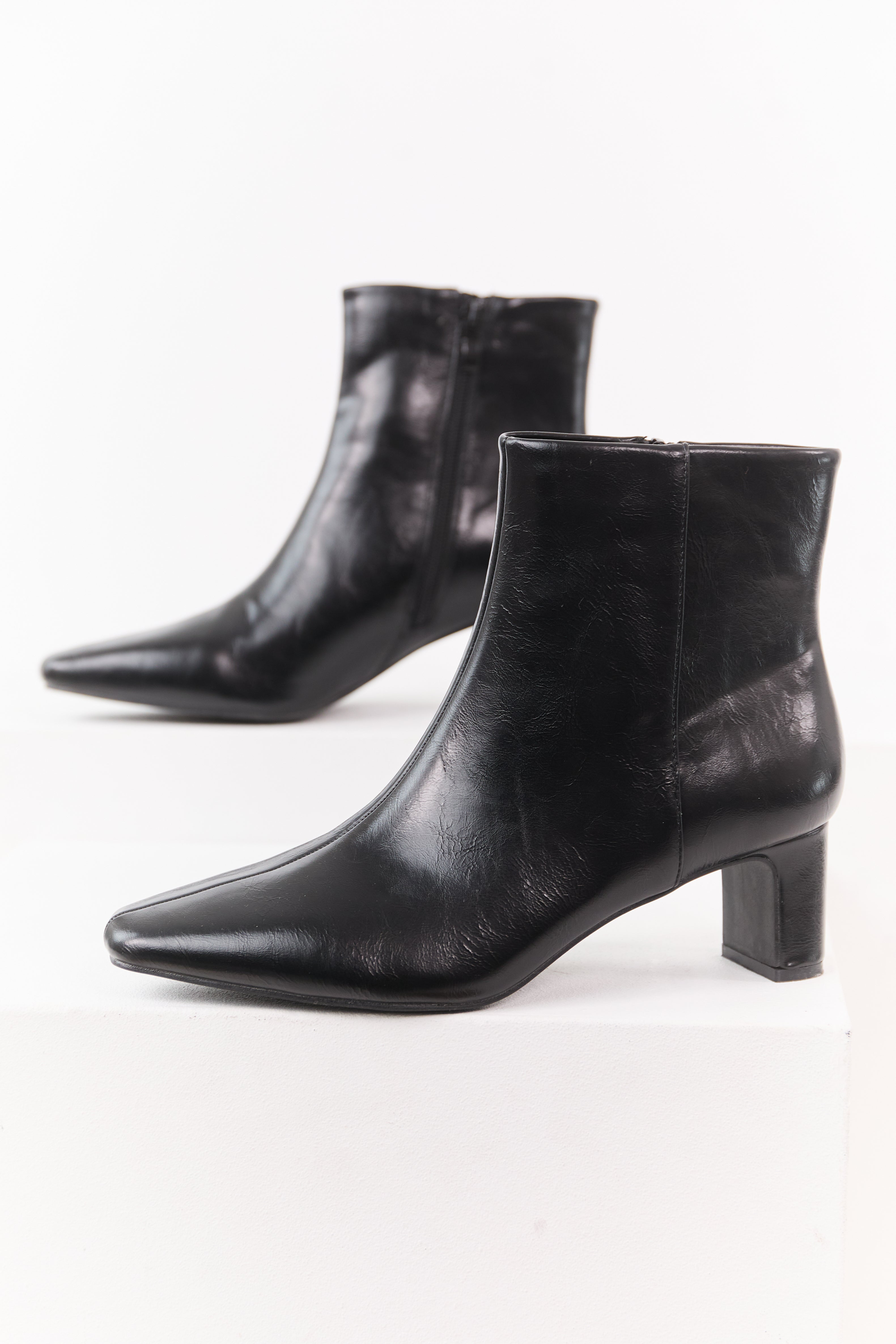 Black Faux Leather Pointed Toe Booties