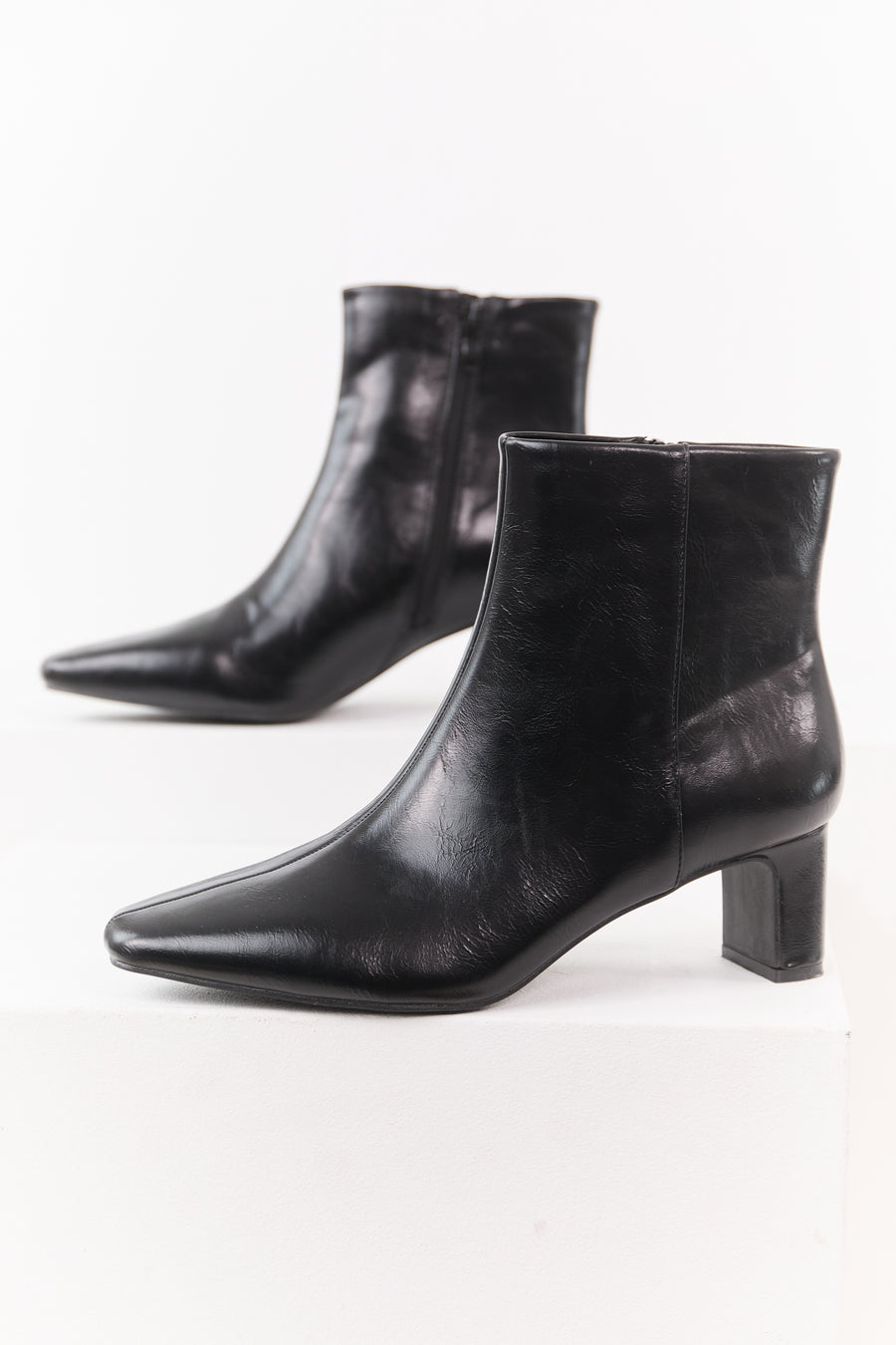 Black Faux Leather Pointed Toe Booties