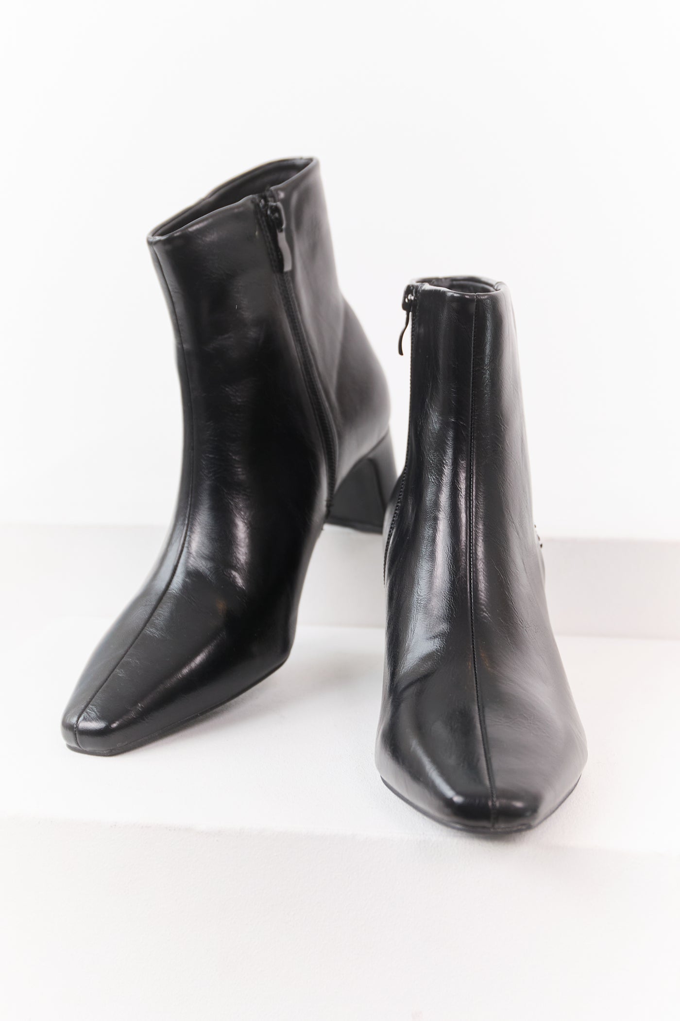 Black Faux Leather Pointed Toe Booties