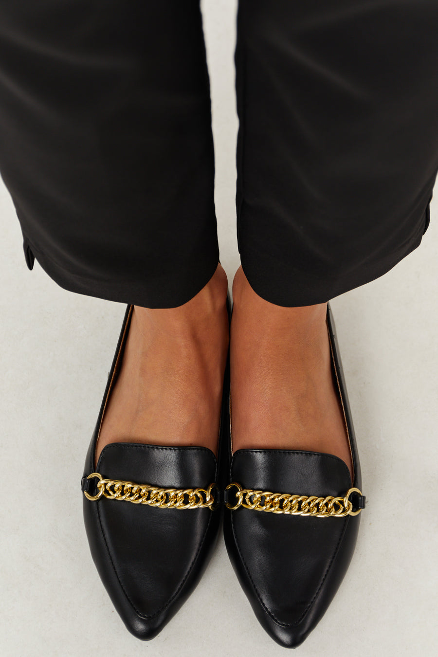 Black Faux Leather Pointed Toe Gold Chain Loafers