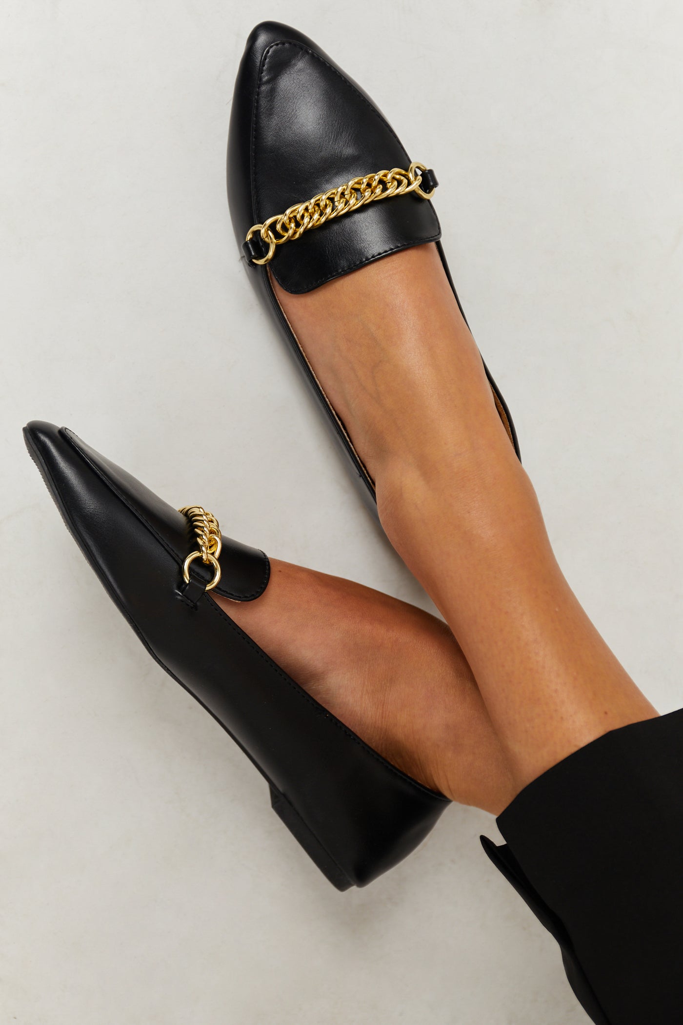 Black Faux Leather Pointed Toe Gold Chain Loafers