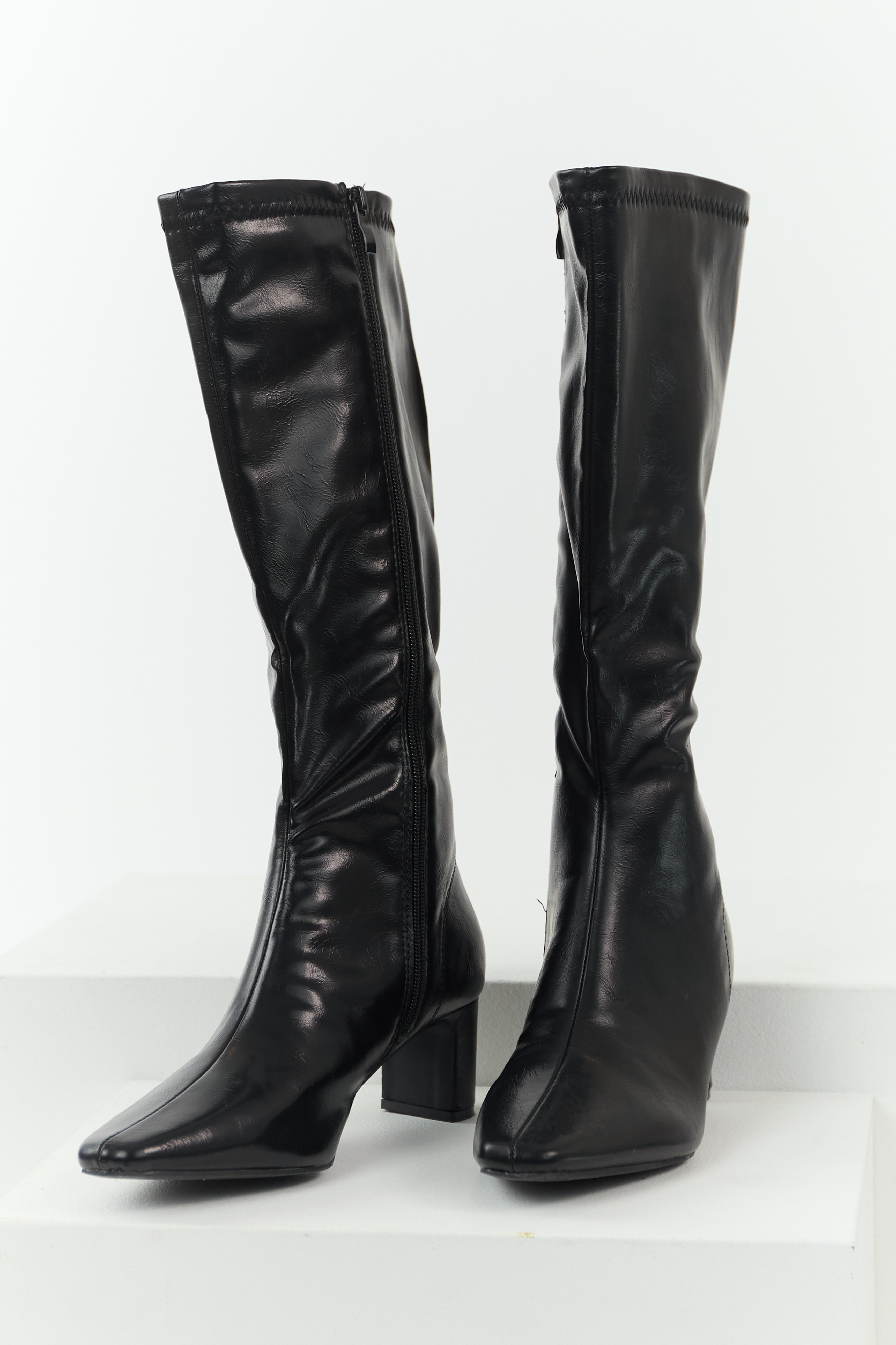 Black Faux Leather Pointed Toe Tall Block Heel Boots