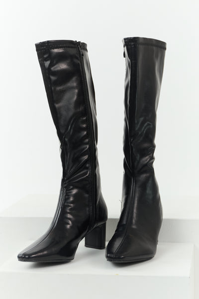Black Faux Leather Pointed Toe Tall Block Heel Boots