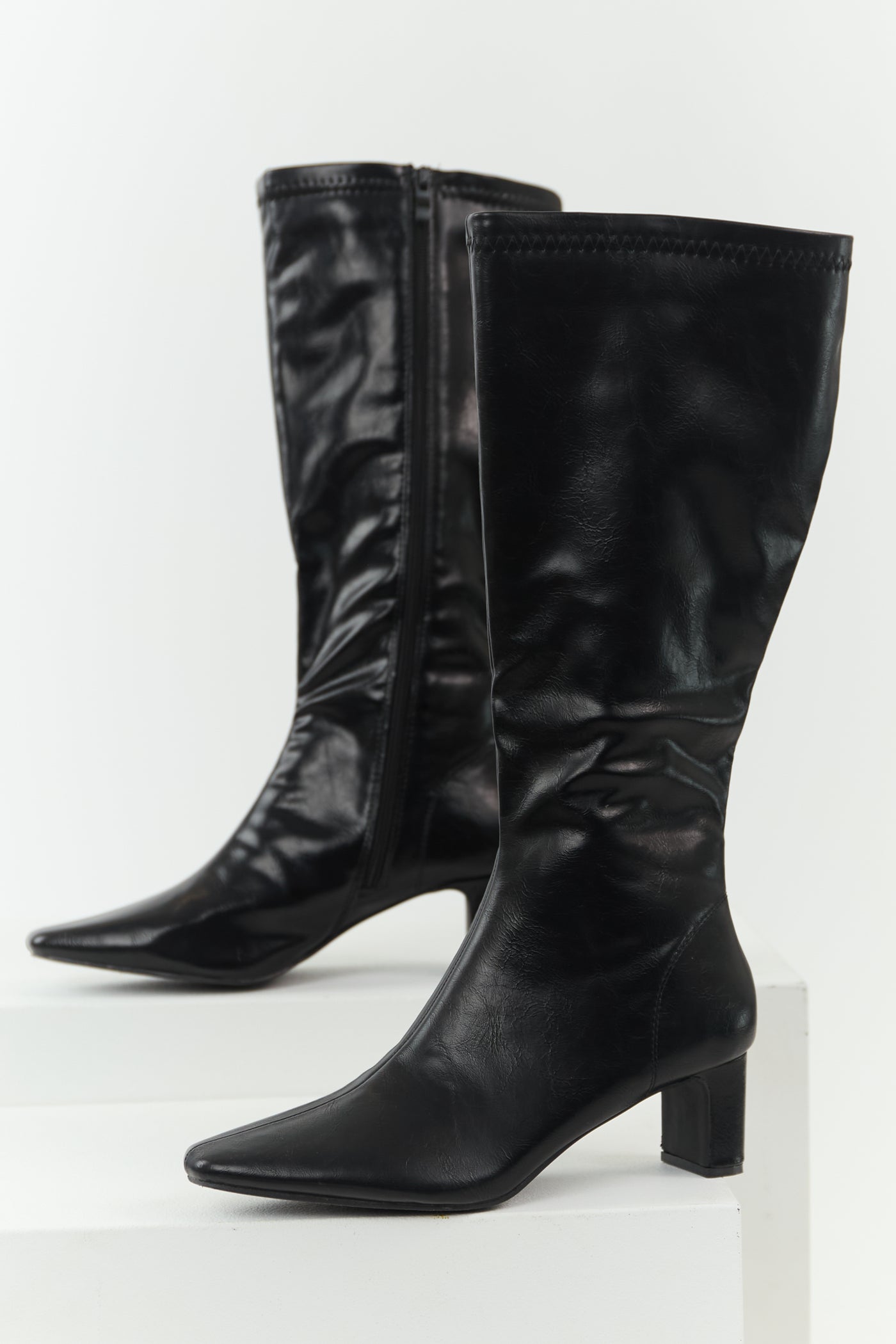 Black Faux Leather Pointed Toe Tall Block Heel Boots