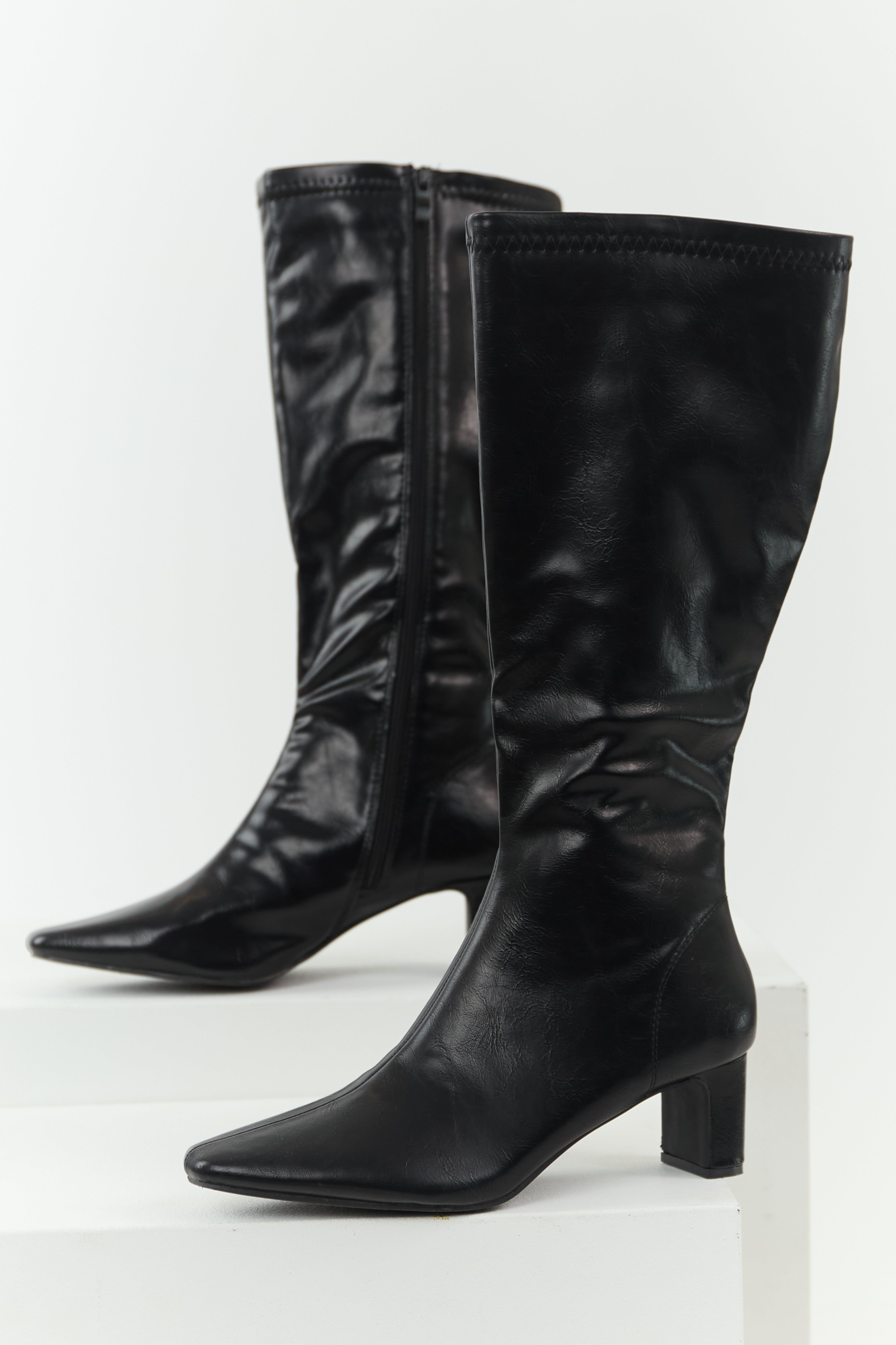 Black Faux Leather Pointed Toe Tall Block Heel Boots