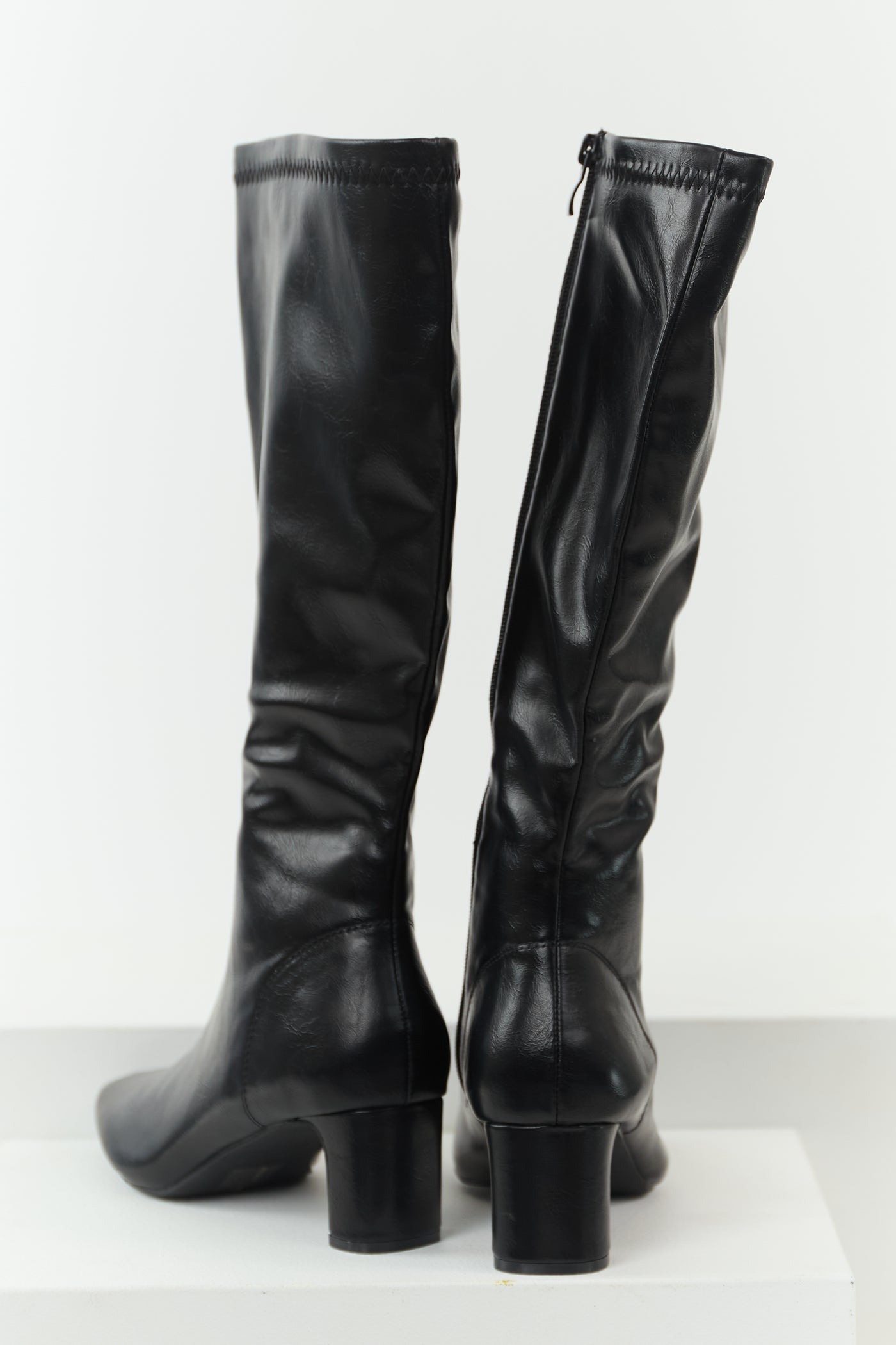 Black Faux Leather Pointed Toe Tall Block Heel Boots
