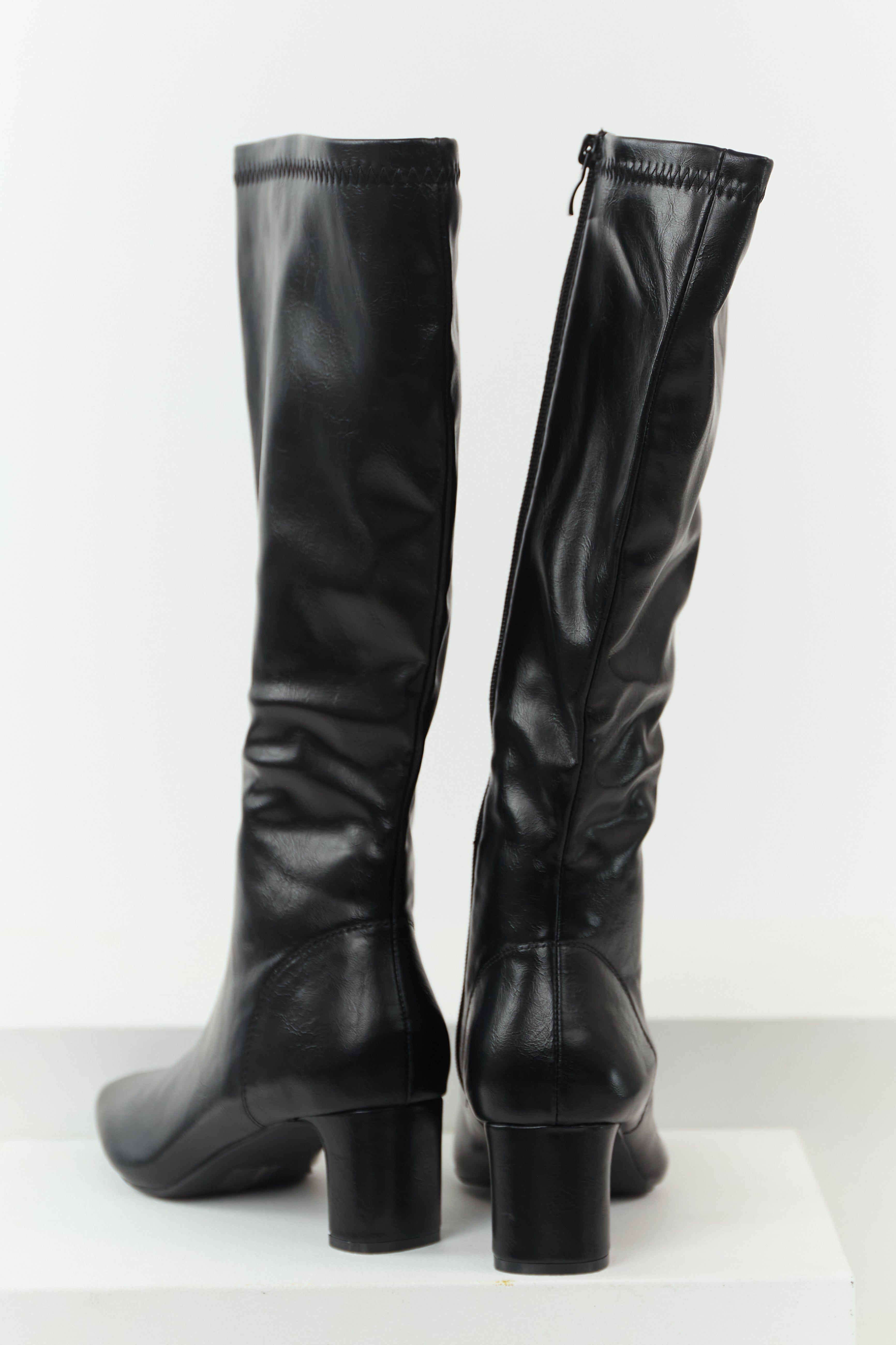 Black Faux Leather Pointed Toe Tall Block Heel Boots