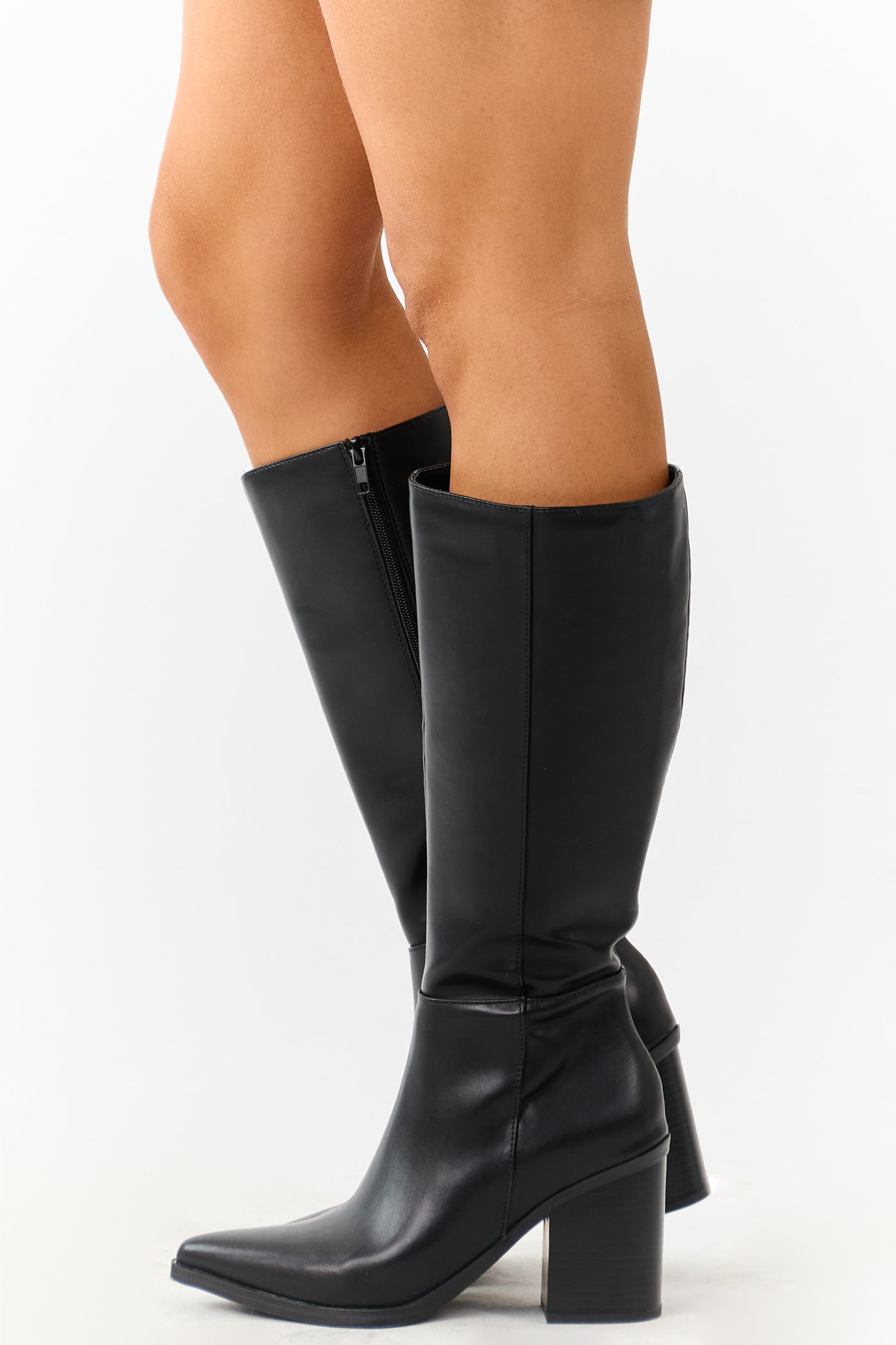 tall black leather dress boots Black Faux Leather Block Heel Tall Riding Boots