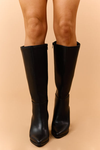Black Faux Leather Pointed Toe Tall Boots