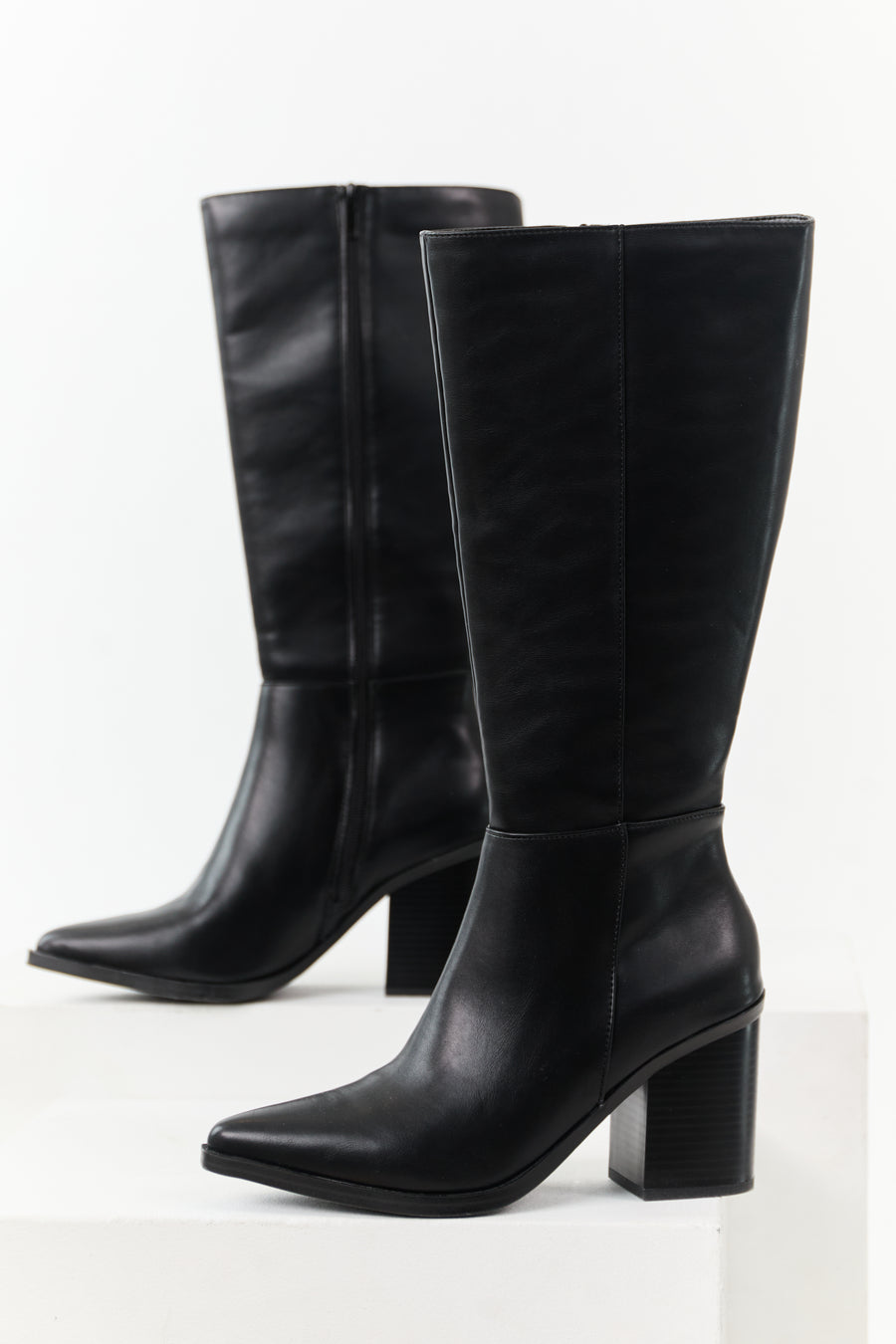 Black Faux Leather Knee High Block Heel Boots Black Faux Leather Knee High Block Heel Boots