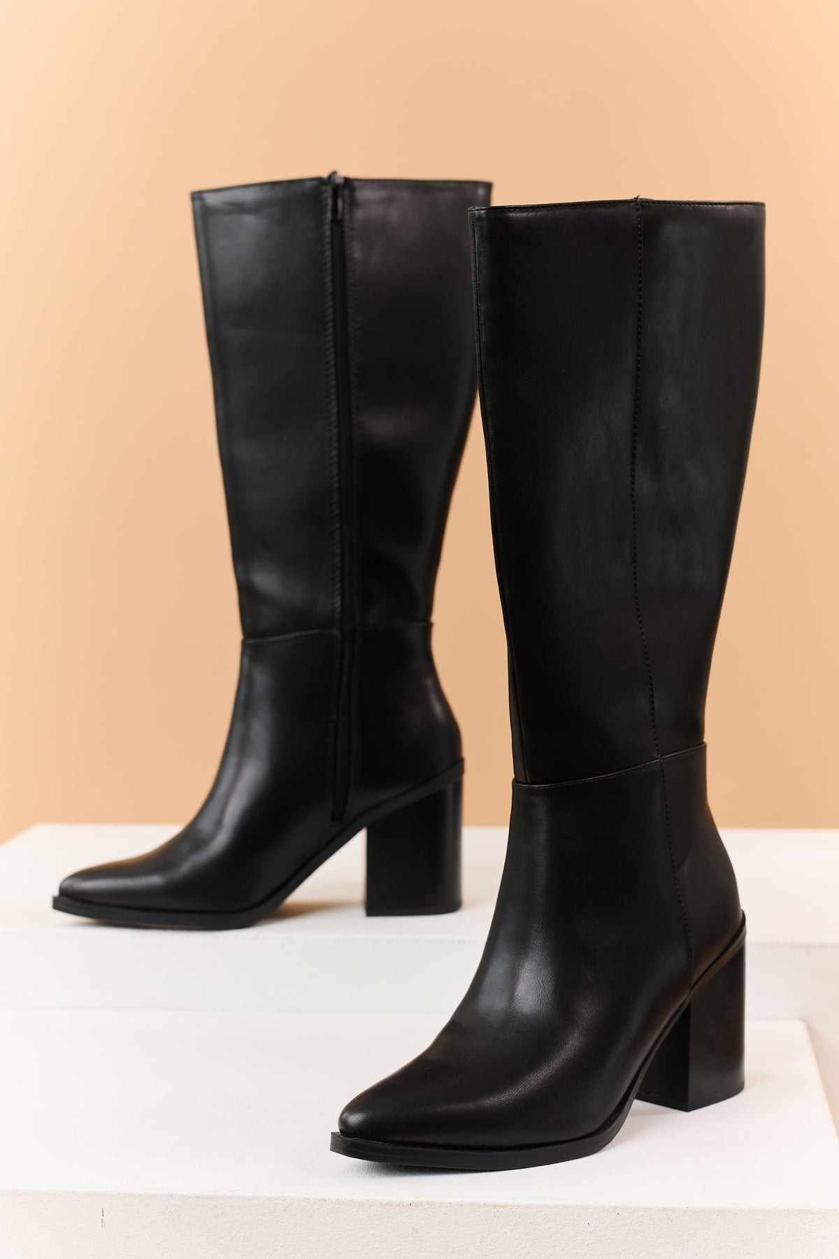 Black Faux Leather Pointed Toe Tall Boots
