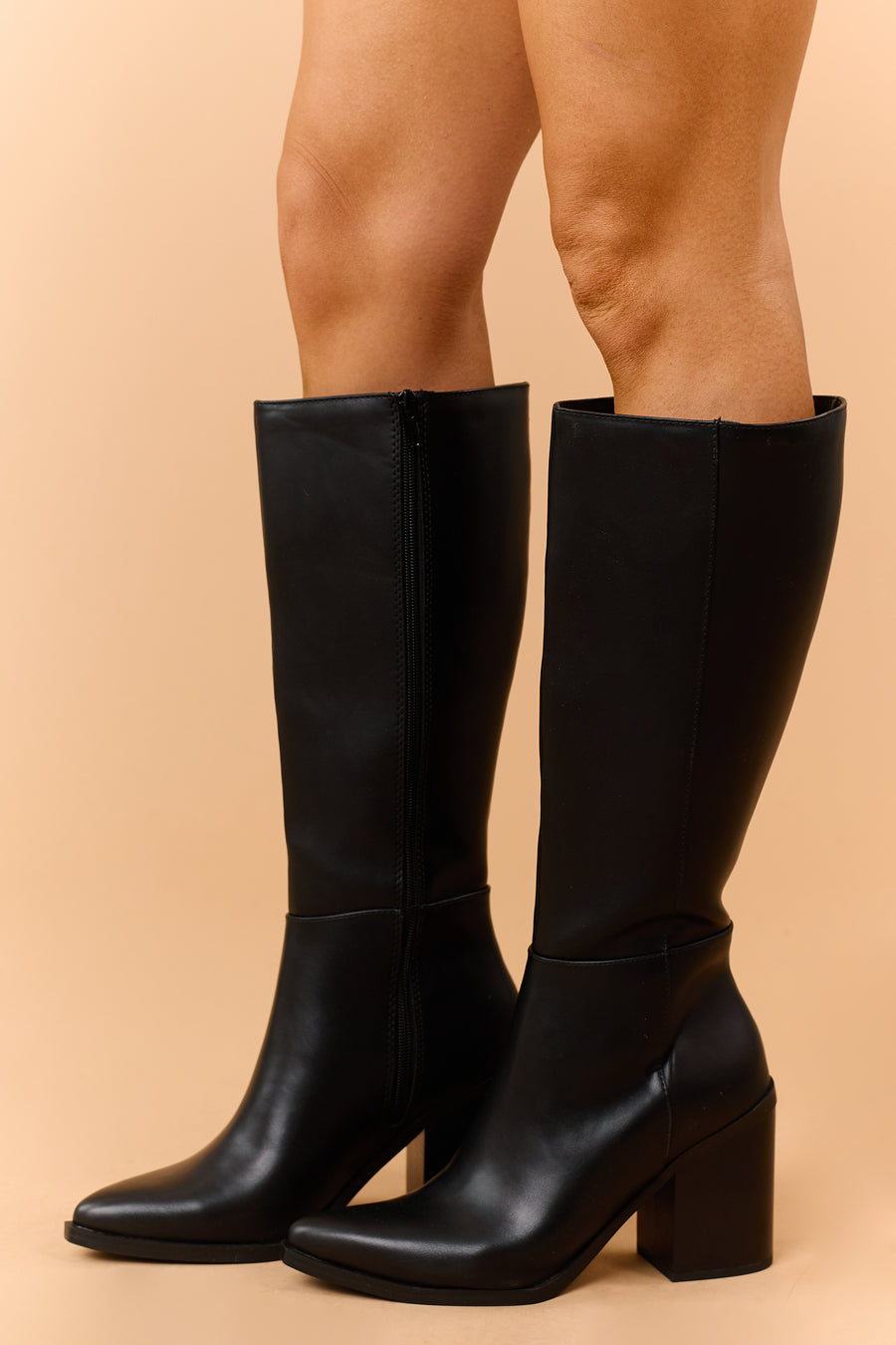 Black Faux Leather Pointed Toe Tall Boots
