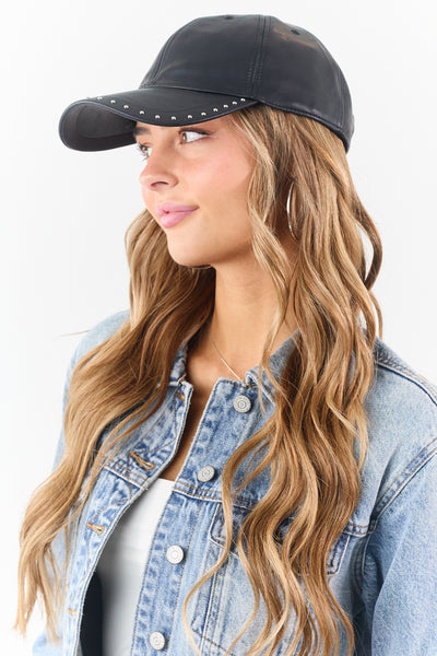 Black Faux Leather Rivet Trim Baseball Cap