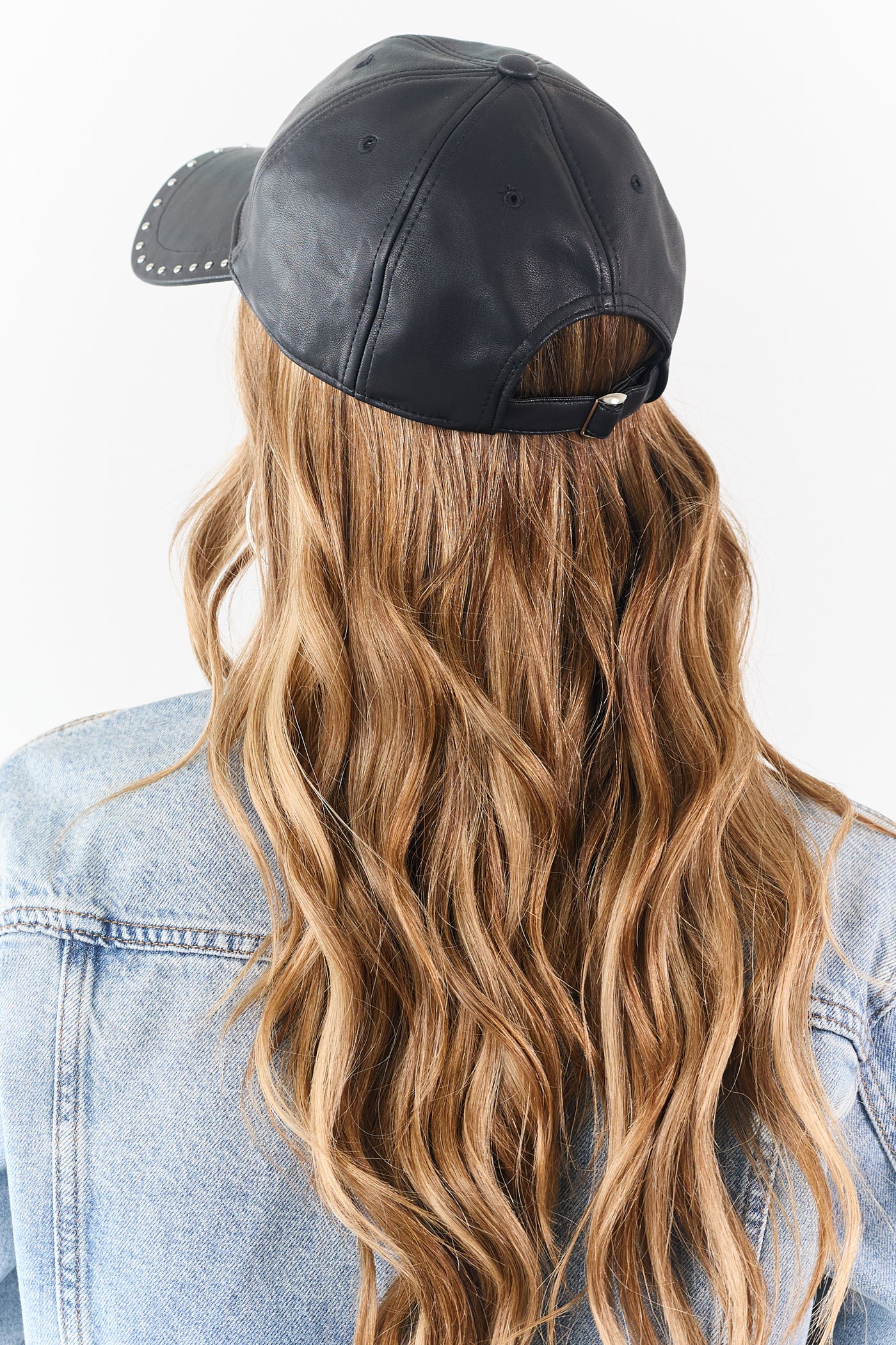 Black Faux Leather Rivet Trim Baseball Cap