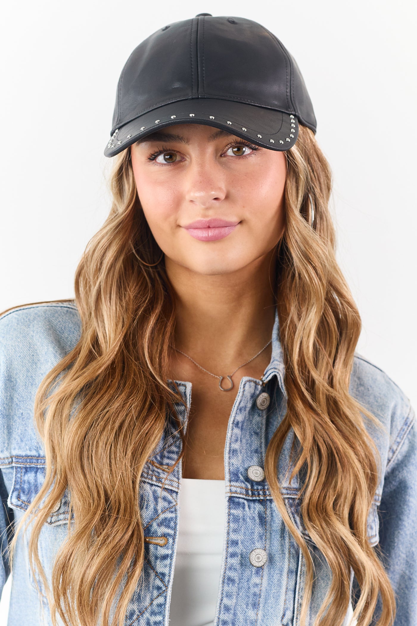 Black Faux Leather Rivet Trim Baseball Cap