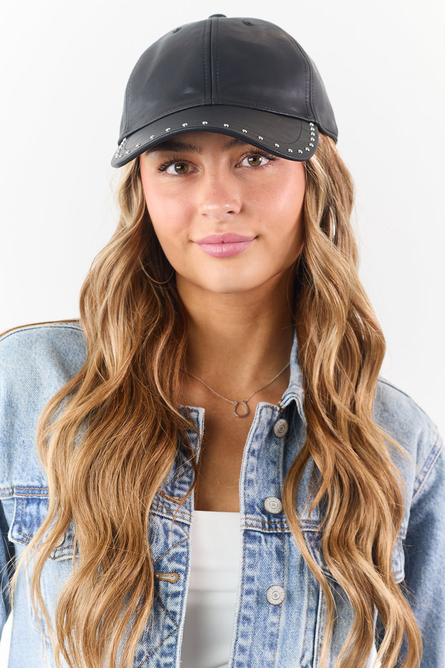 Black Faux Leather Rivet Trim Baseball Cap