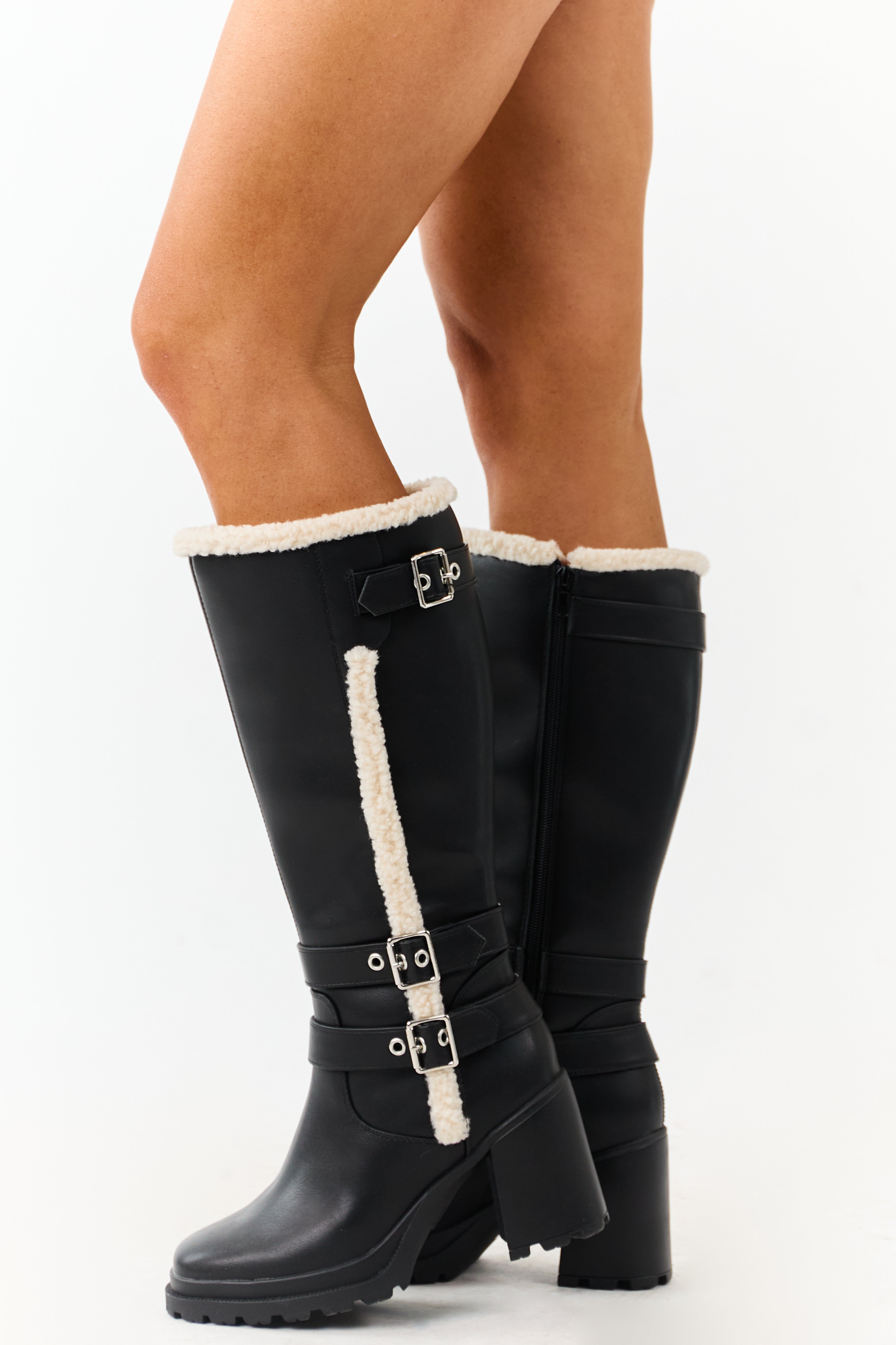 Black Faux Leather Sherpa Lined Tall Platform Boots | Lime Lush