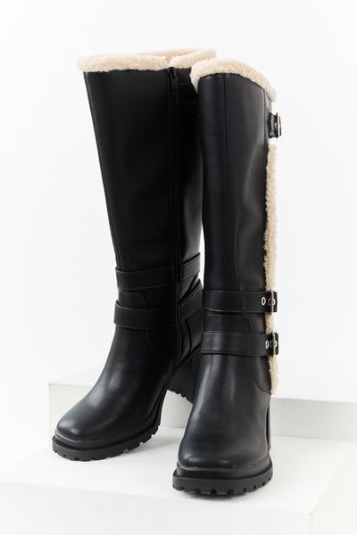 Black Faux Leather Sherpa Lined Tall Platform Boots