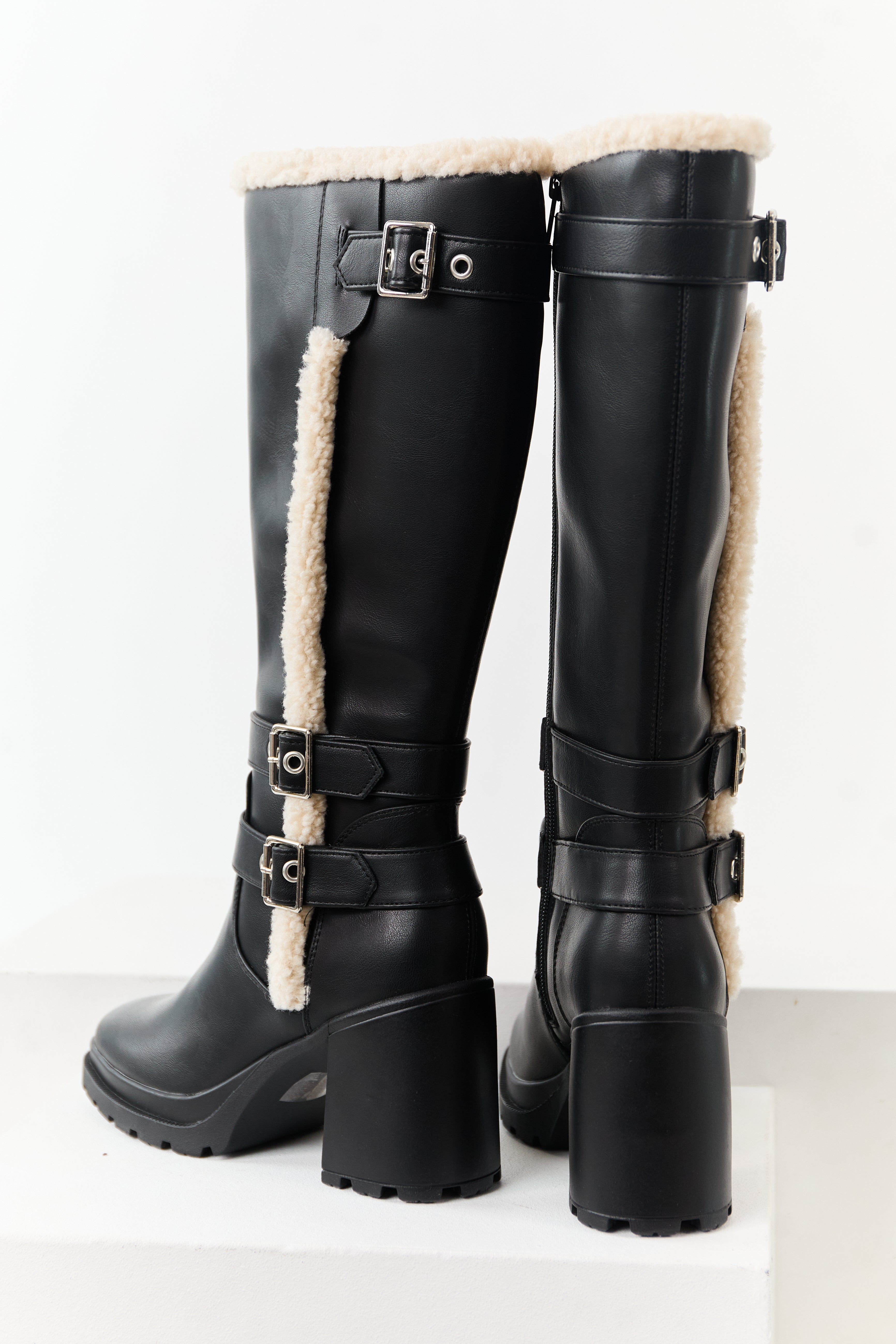 Black Faux Leather Sherpa Lined Tall Platform Boots | Lime Lush