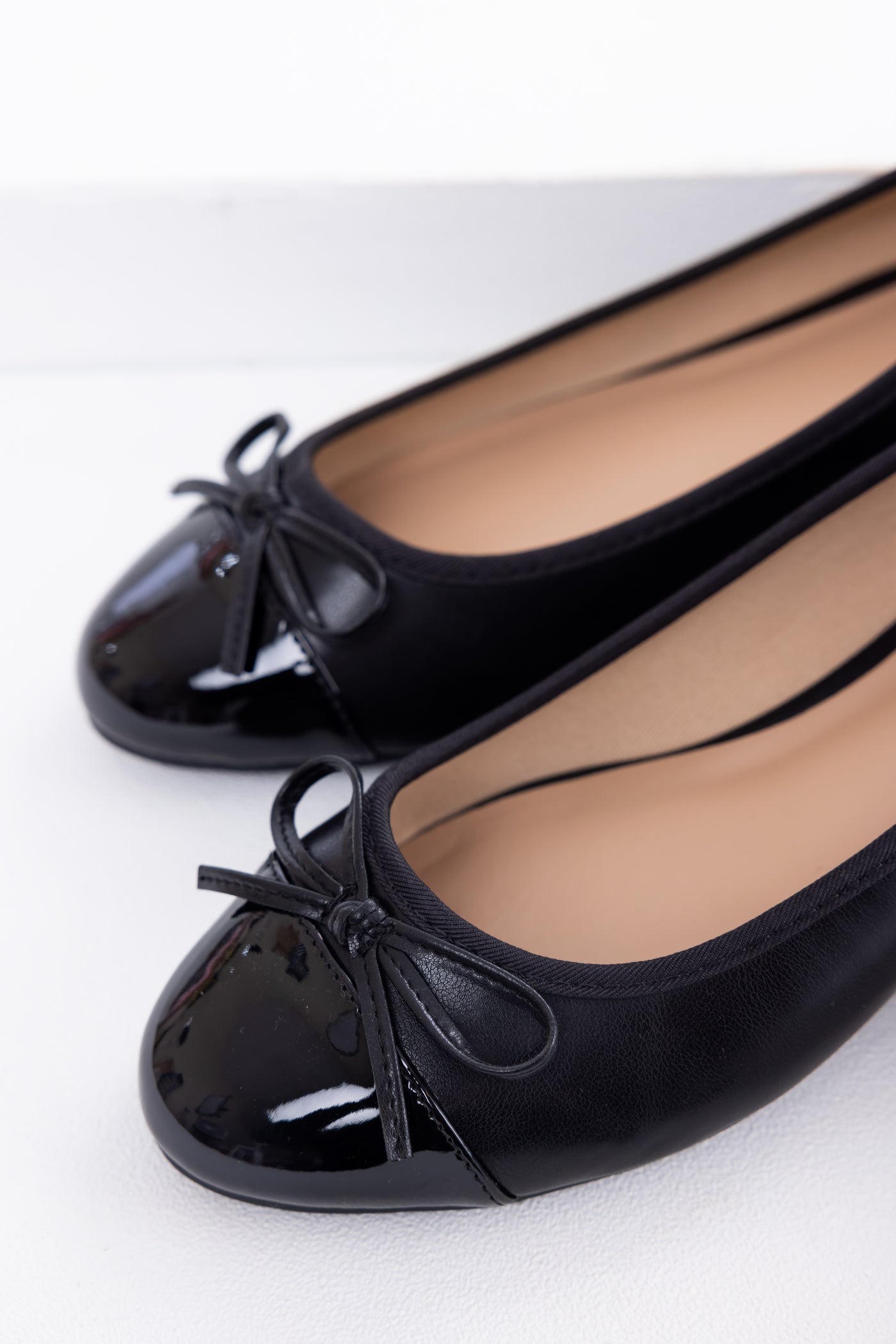 Black Faux Leather Shiny Toe Ballerina Flats