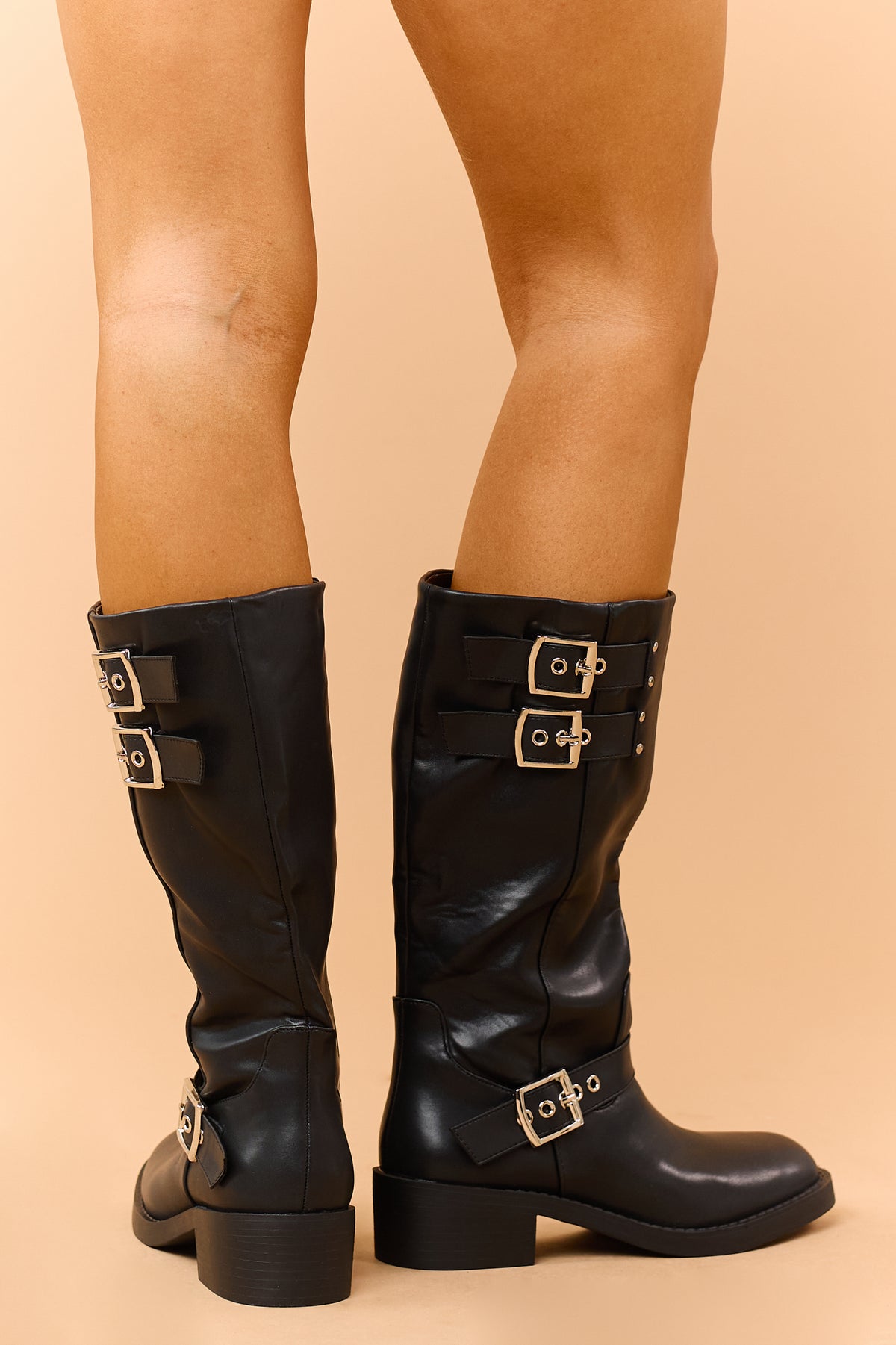 Black Faux Leather Side Buckle Block Heel Moto Boots