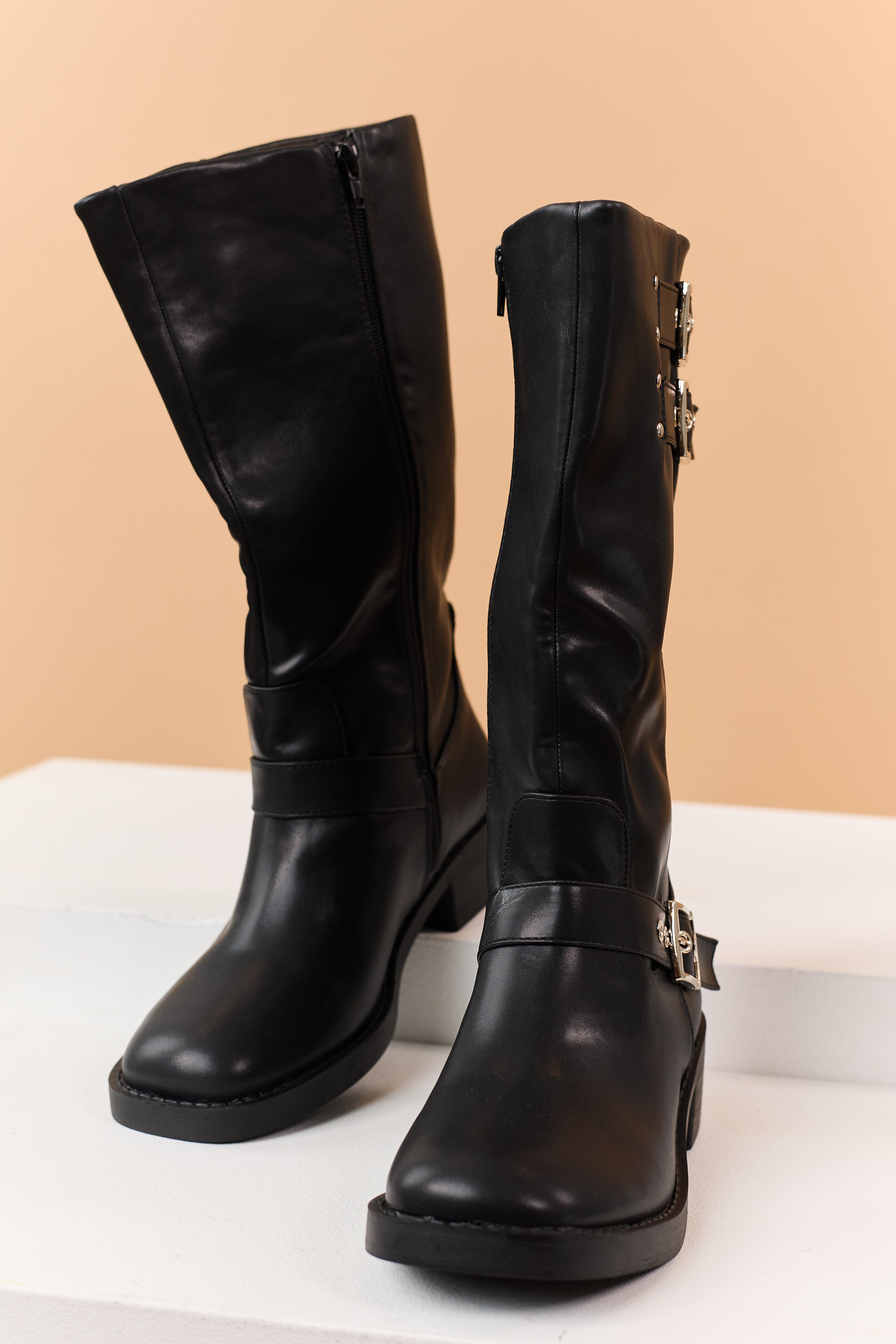 Black Faux Leather Side Buckle Block Heel Moto Boots | Lime Lush