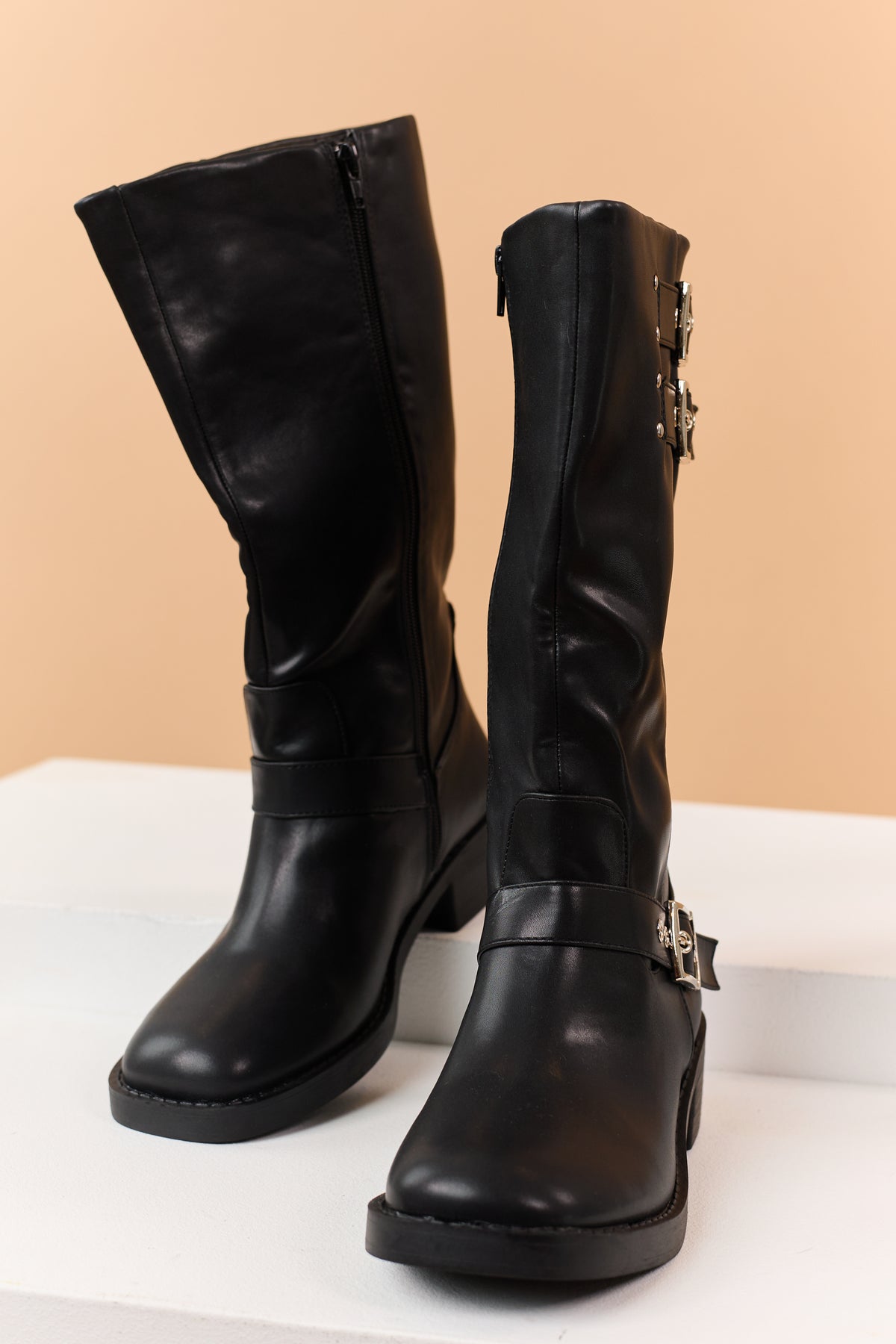 Black Faux Leather Side Buckle Block Heel Moto Boots