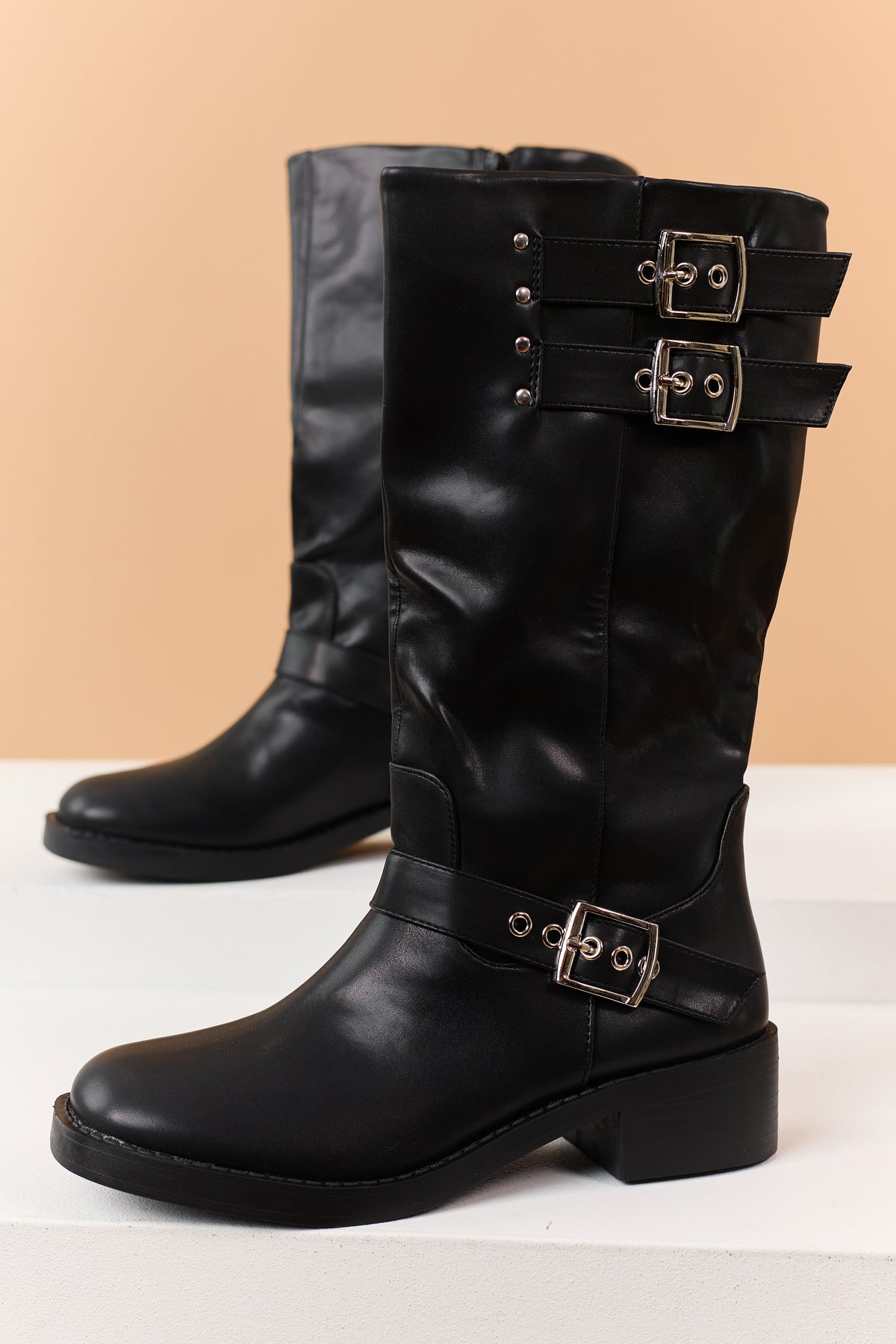 Black Faux Leather Side Buckle Block Heel Moto Boots