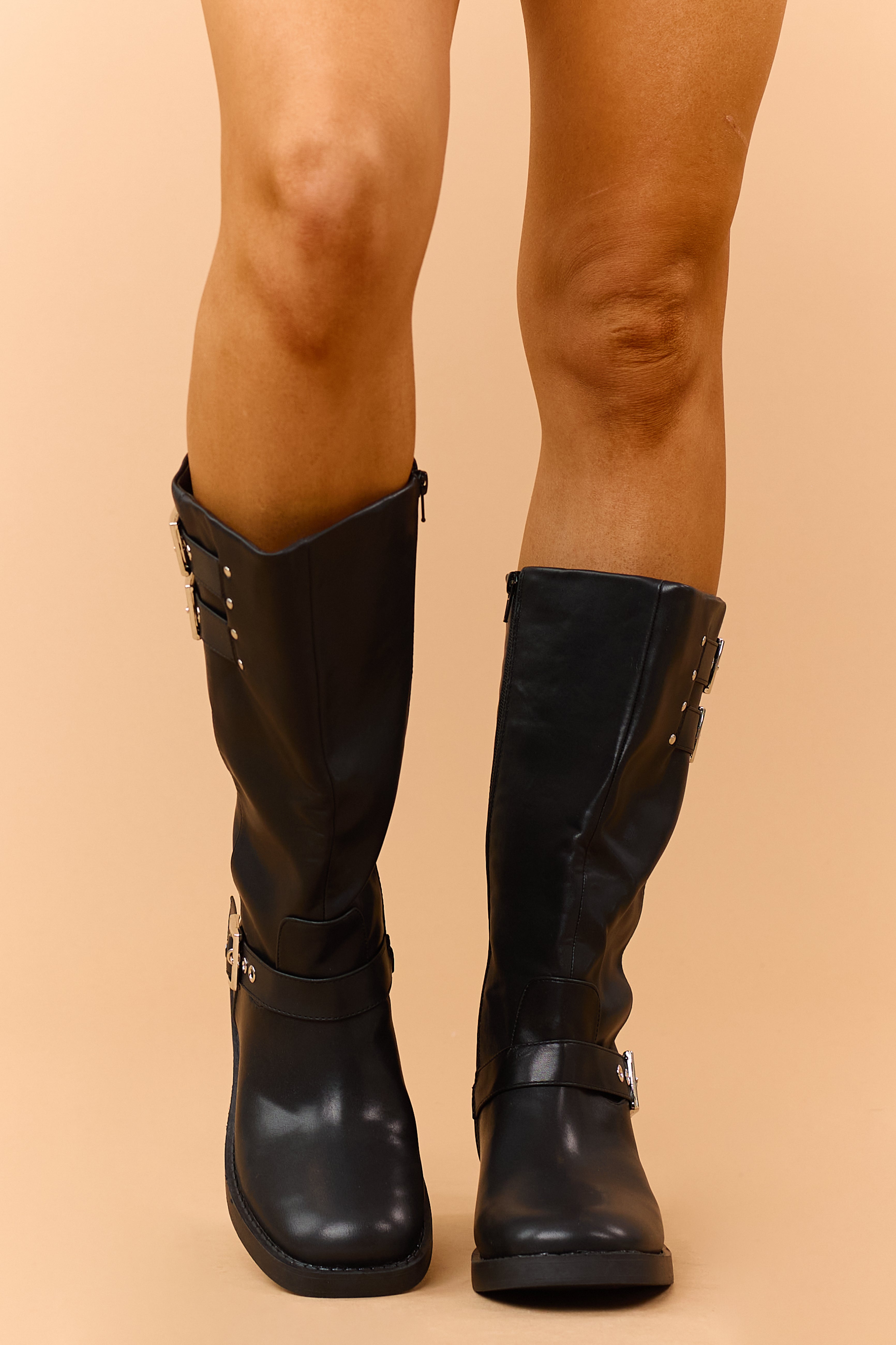 Black Faux Leather Side Buckle Block Heel Moto Boots | Lime Lush