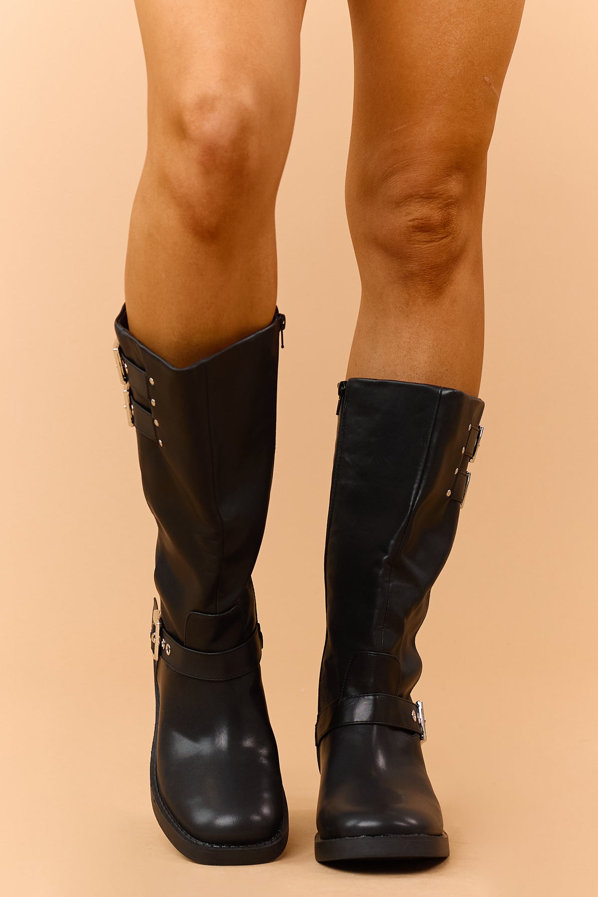 Black Faux Leather Side Buckle Block Heel Moto Boots