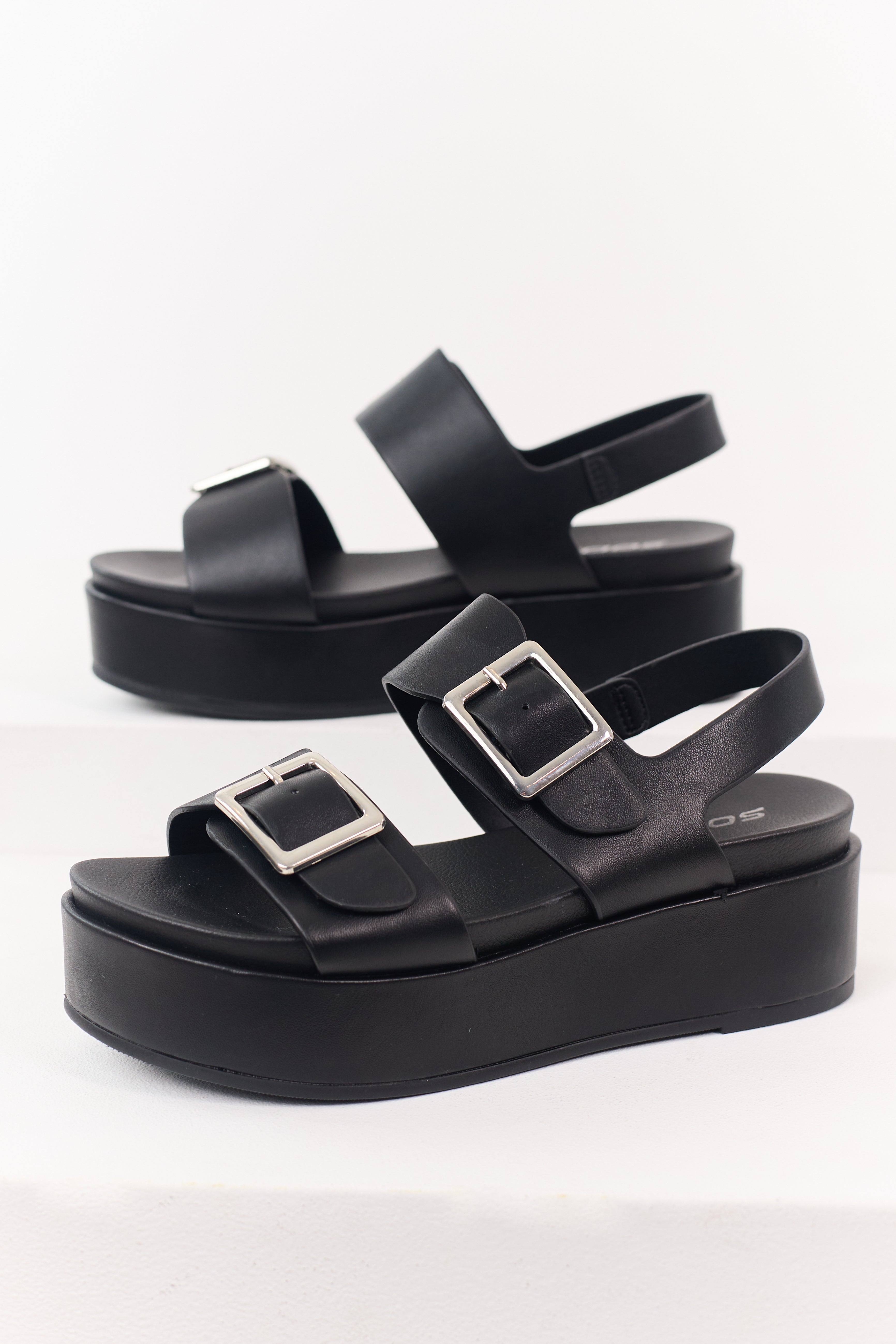 Black Faux Leather Silver Buckle Platform Sandals
