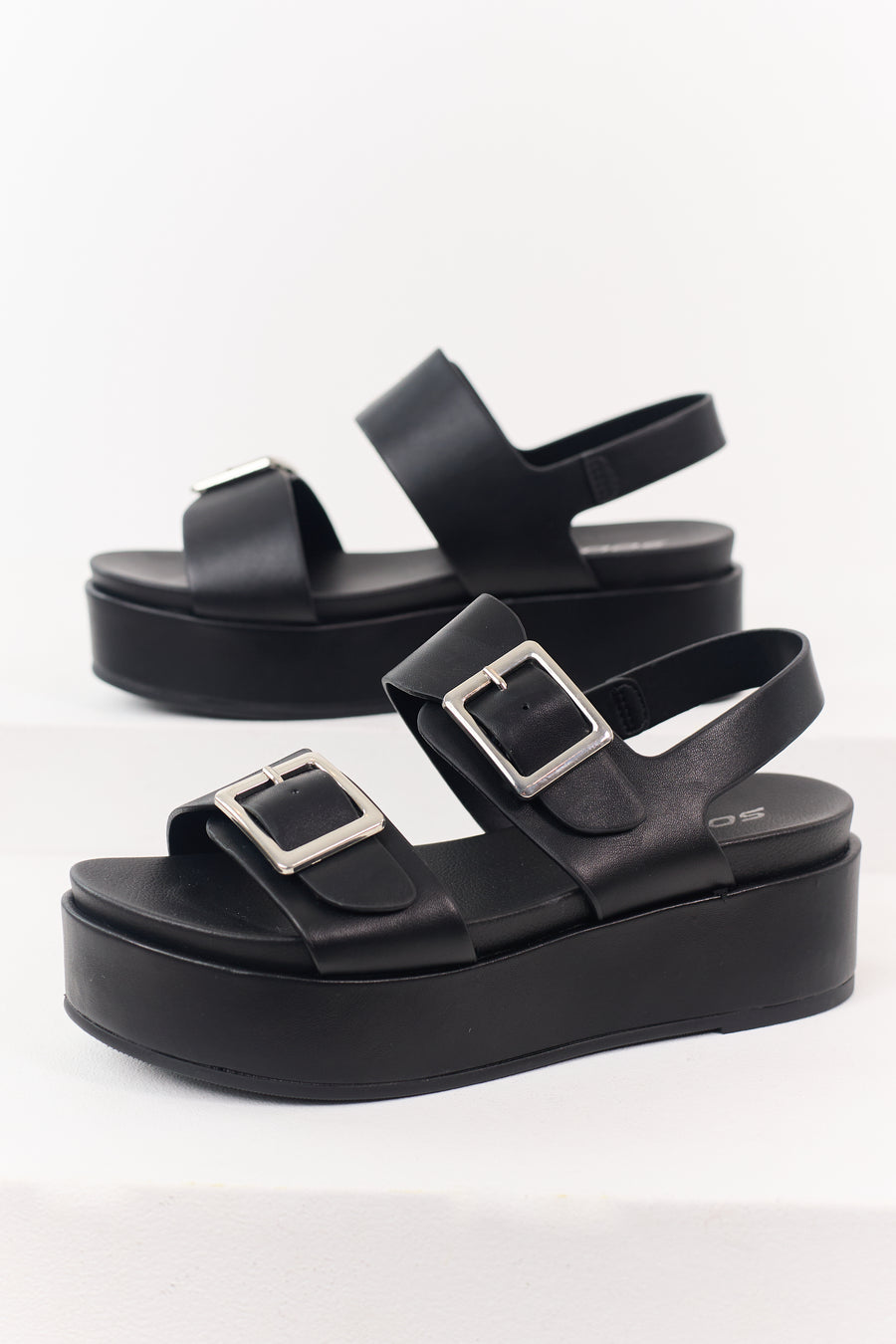 Black Faux Leather Silver Buckle Platform Sandals