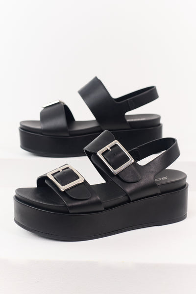 CDL Padded Platform Sandals Mサイズ Black Faux Leather Silver Buckle Platform Sandals | Lime Lush Boutique