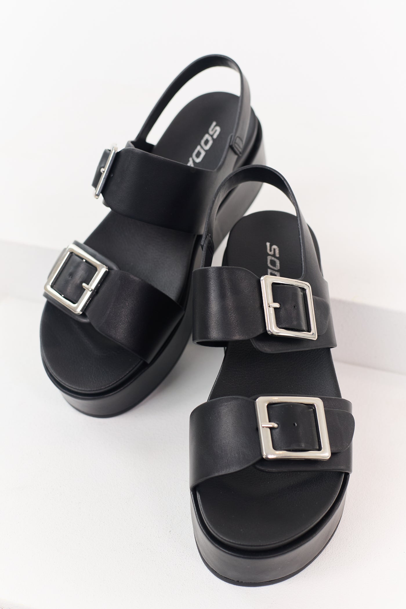 Black Faux Leather Silver Buckle Platform Sandals