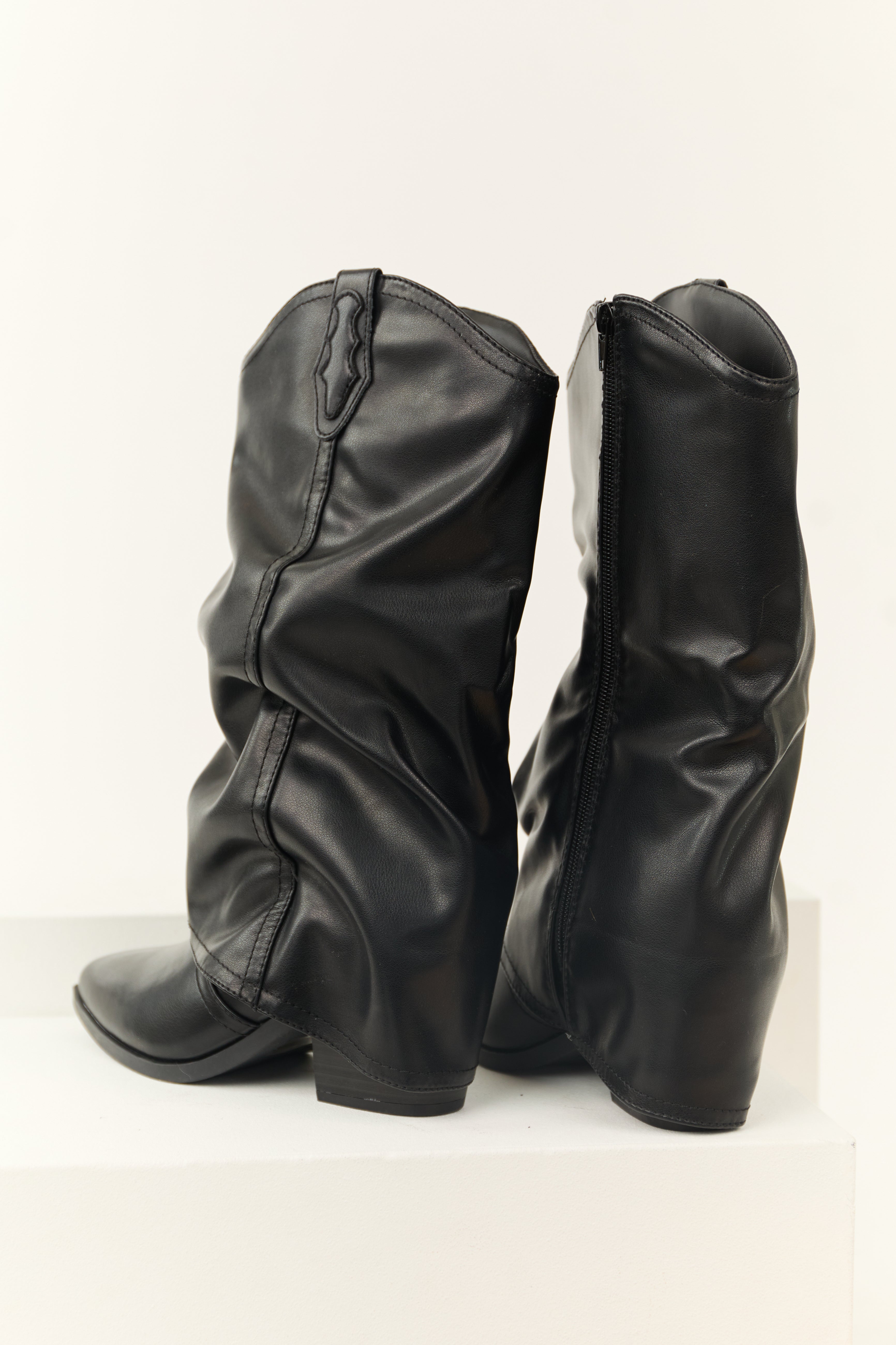 Black Faux Leather Slouchy Foldover Boot | Lime Lush Boutique