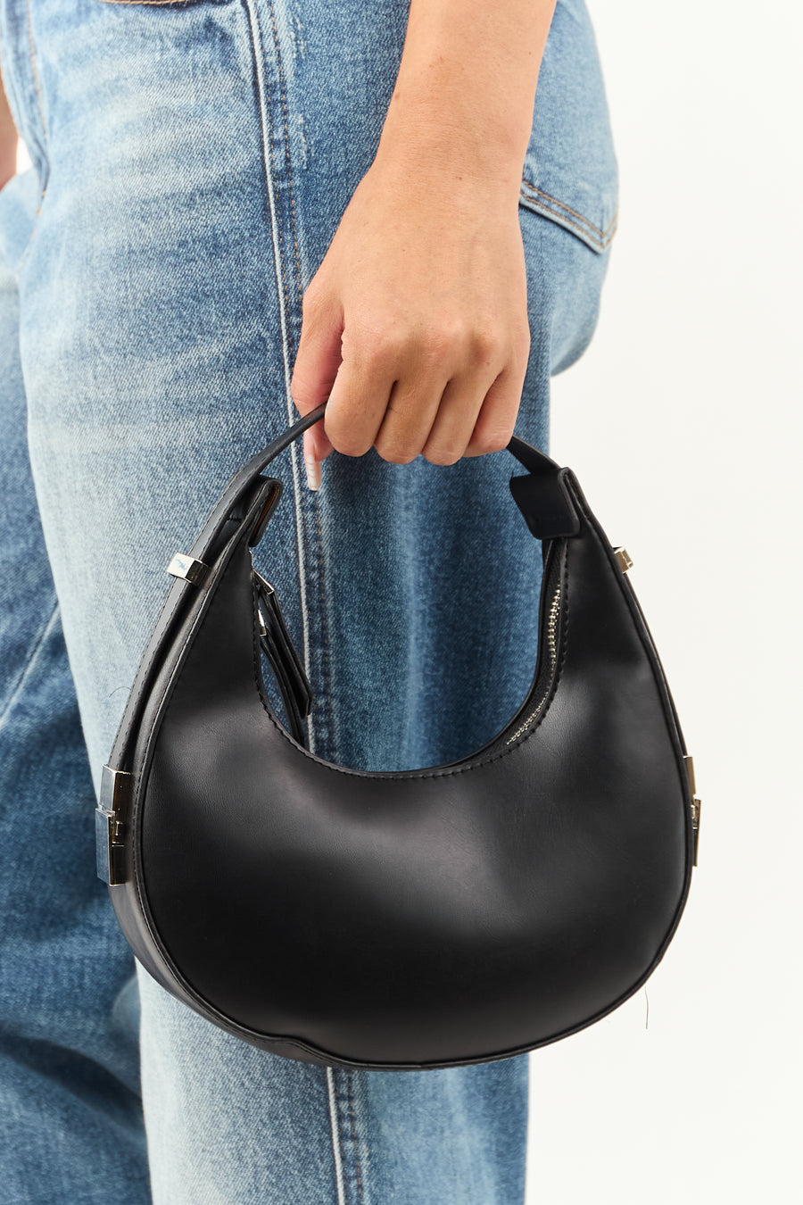 Black Faux Leather Small Half Moon Handbag