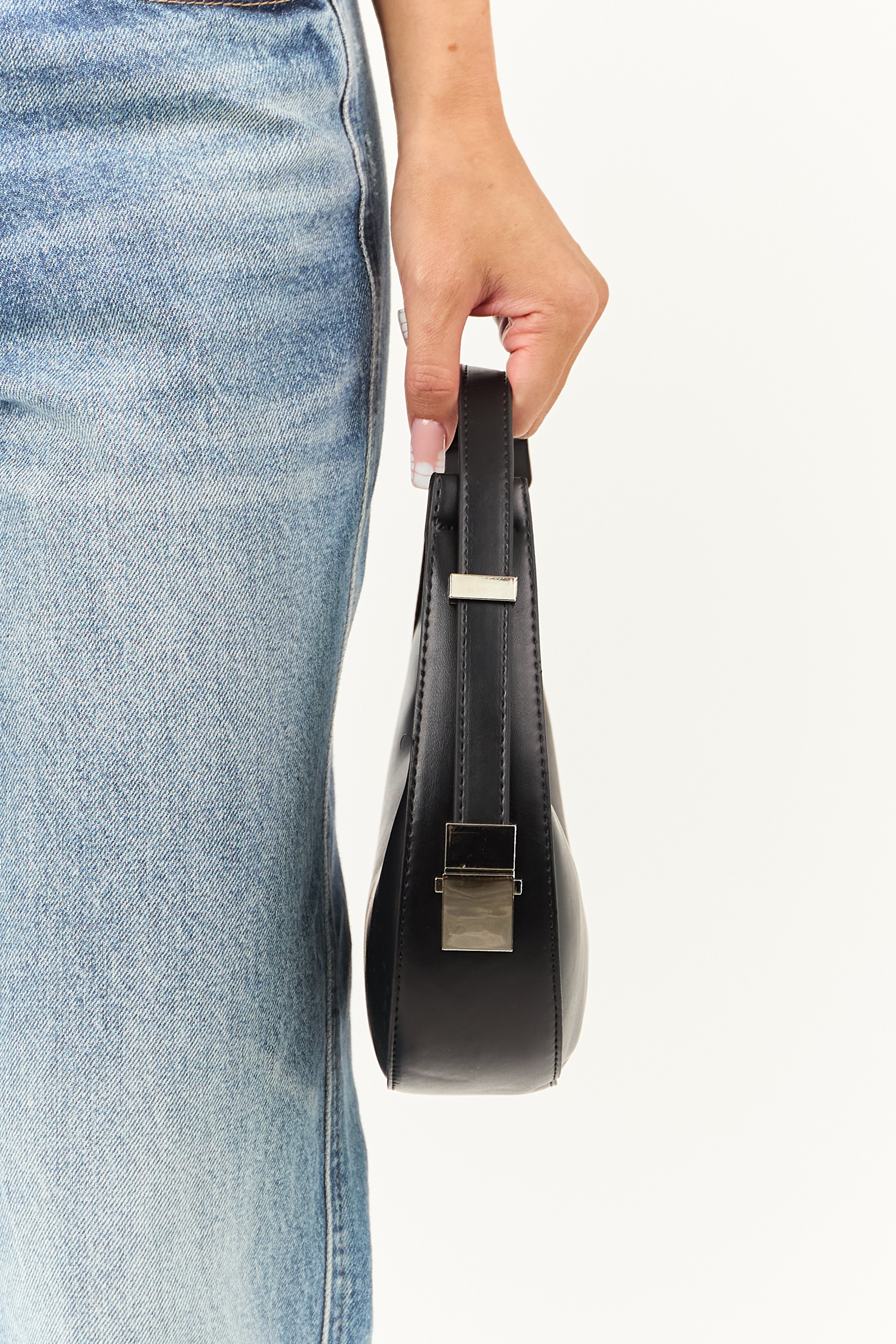 Black Faux Leather Small Half Moon Handbag | Lime Lush Boutique