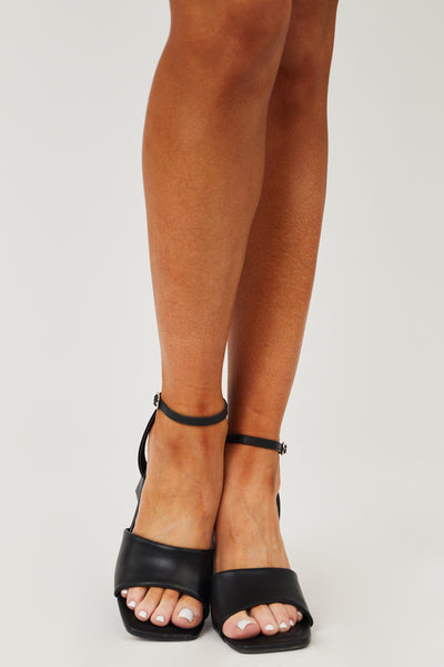 Black Faux Leather Square Toe Chunky Heels