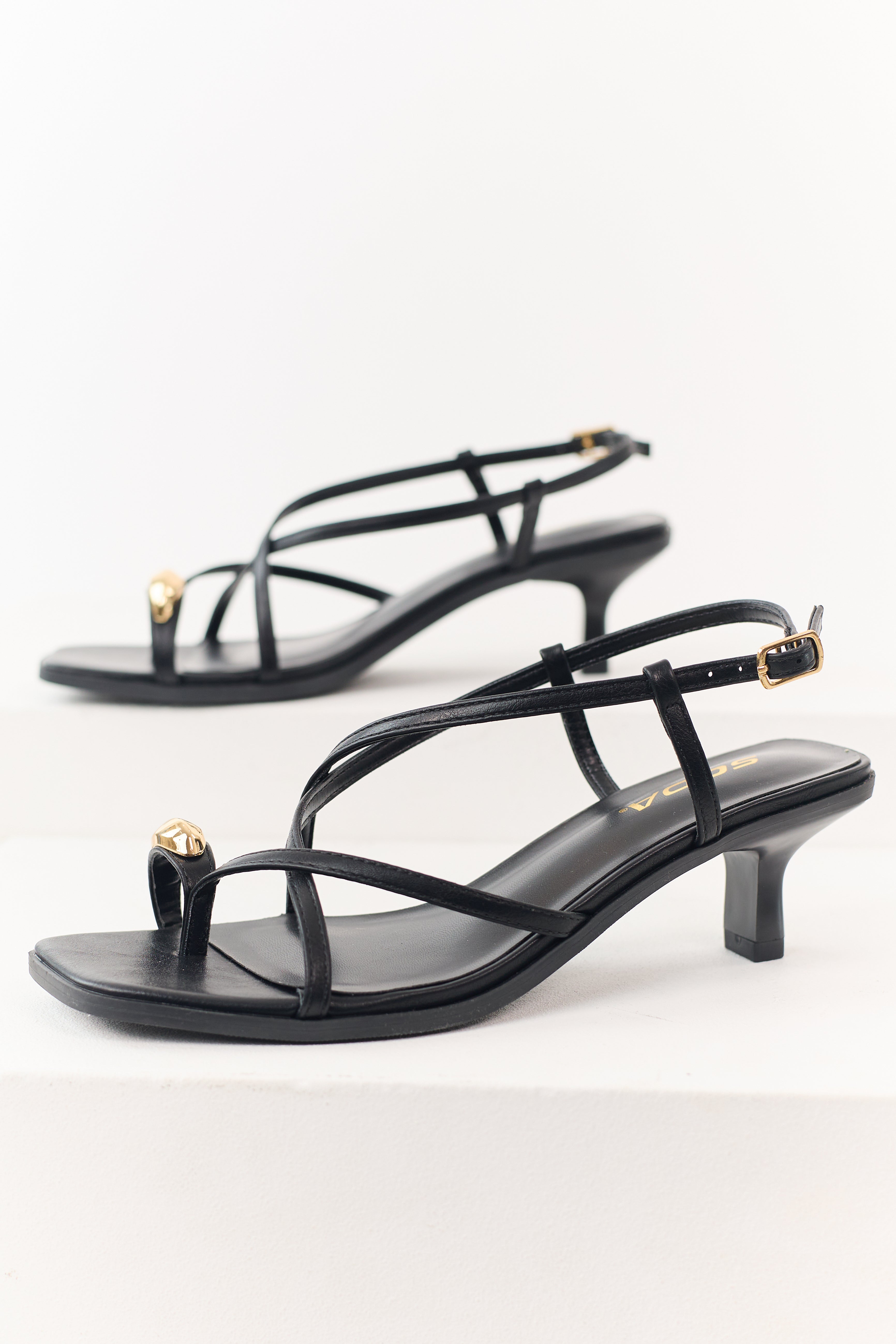 Black Faux Leather Square Toe Strappy Kitten Heels