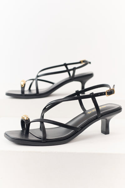 Black Faux Leather Square Toe Strappy Kitten Heels