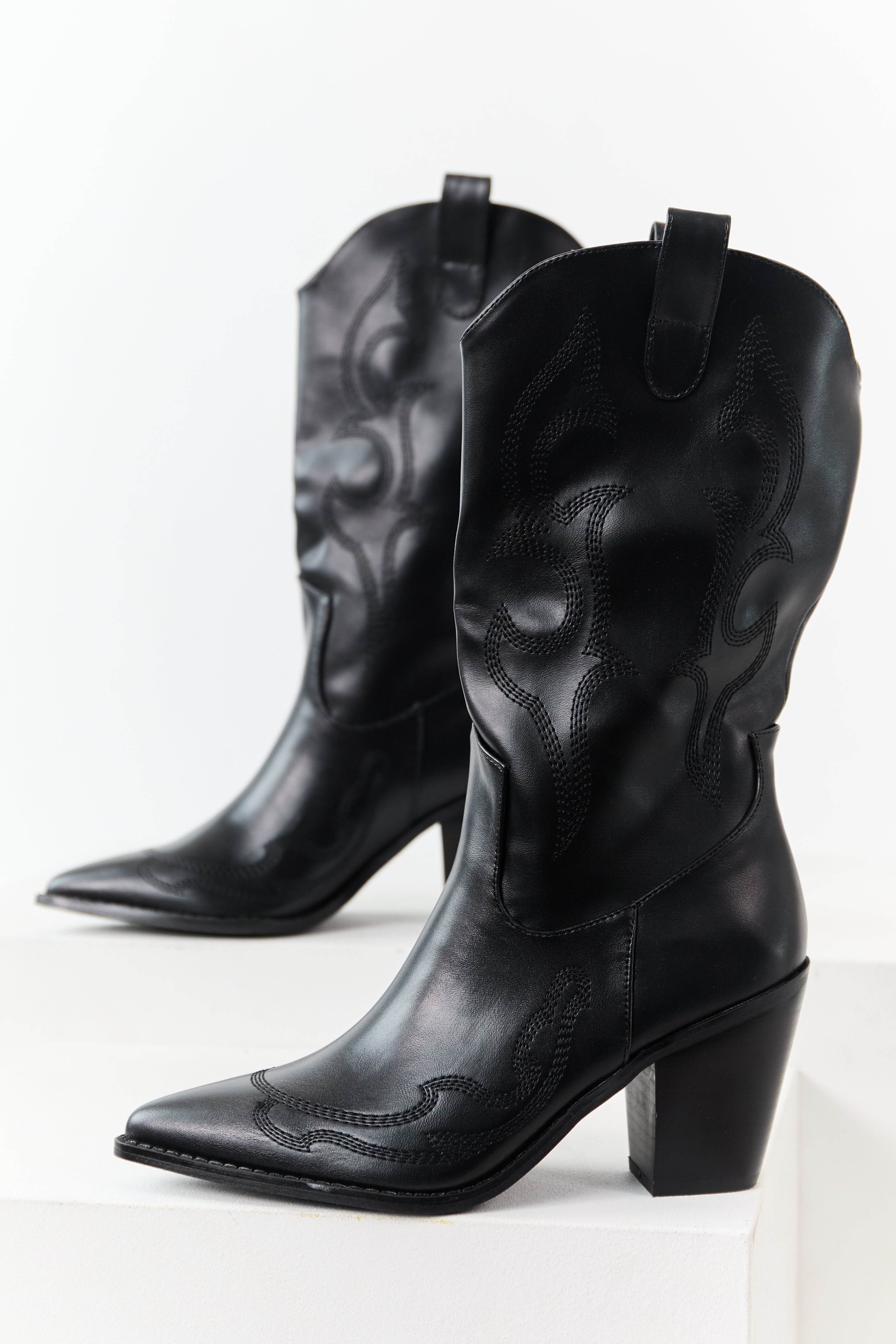 Black Faux Leather Stacked Heel Cowboy Boots